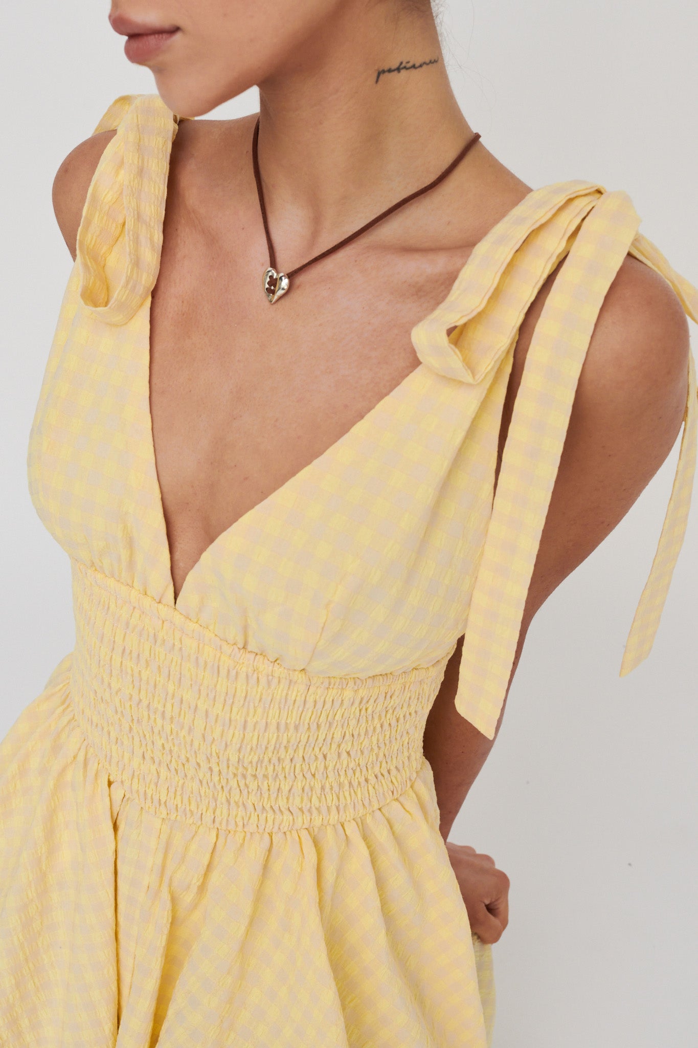 Lido Tied Shoulder Shirred Romper Lemon-Maymioy