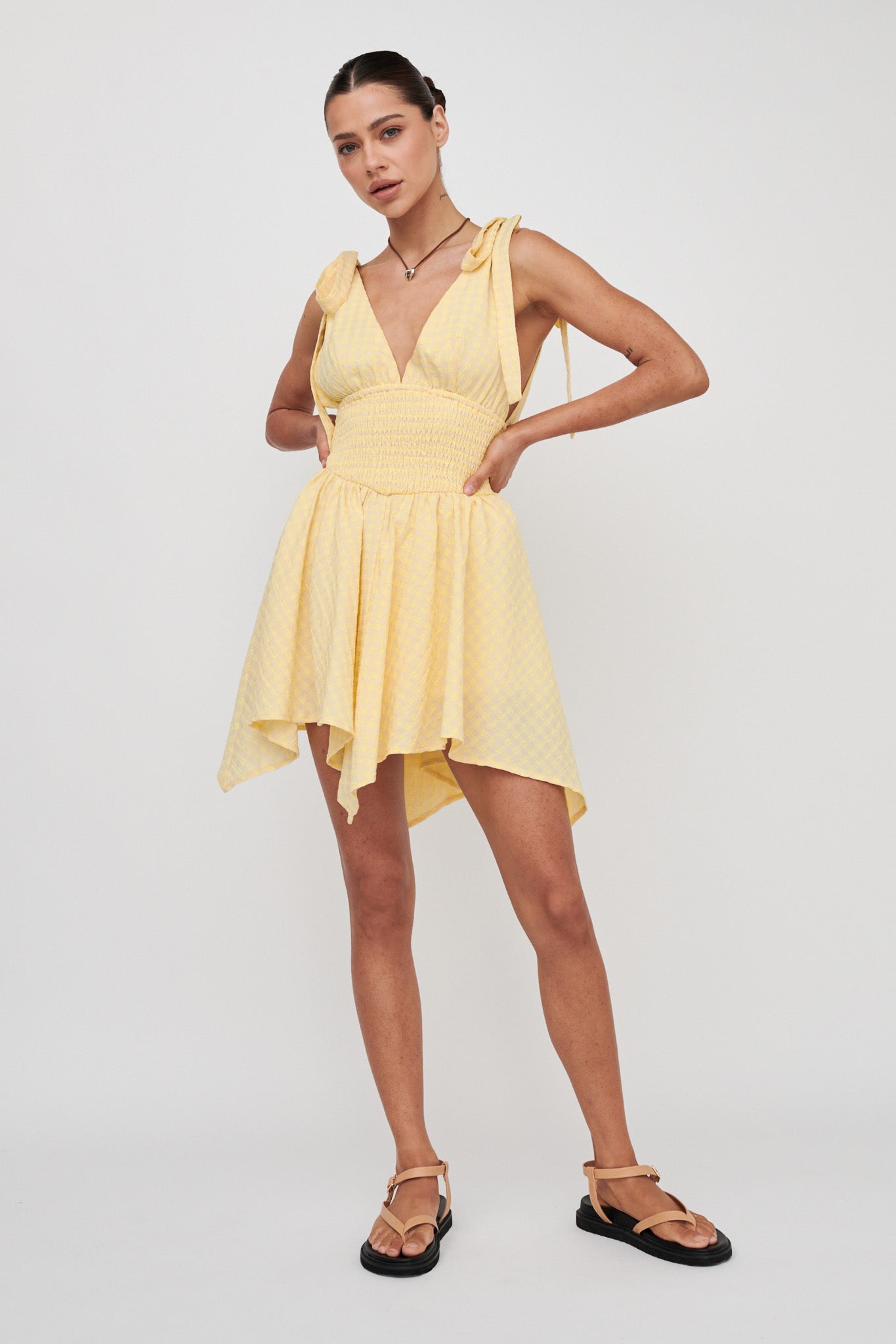 Lido Tied Shoulder Shirred Romper Lemon-Maymioy