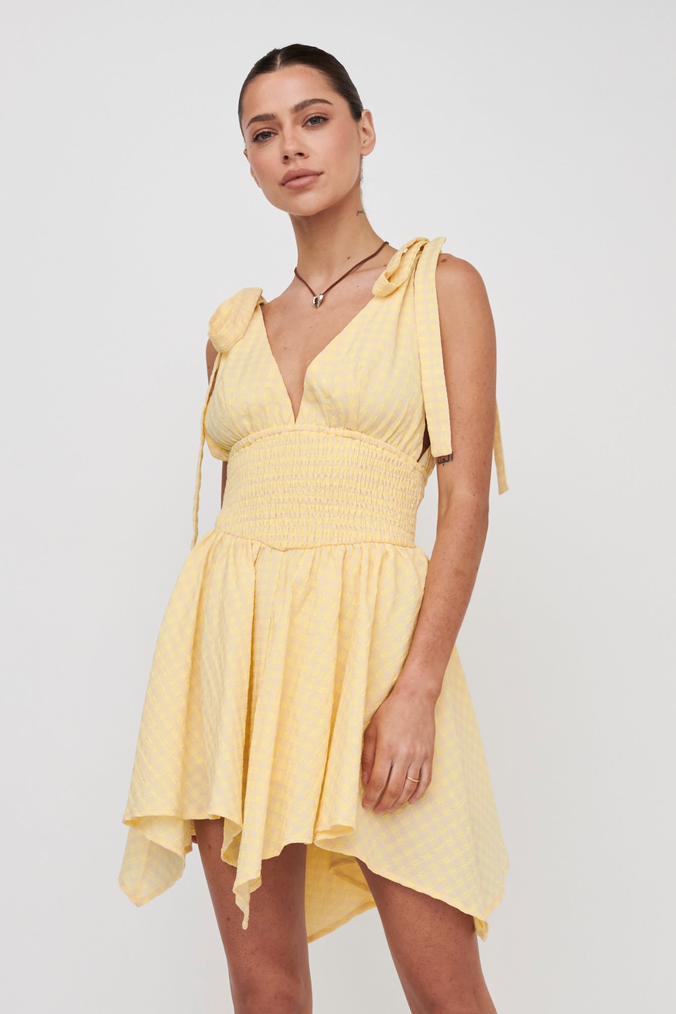 Lido Tied Shoulder Shirred Romper Lemon-Maymioy