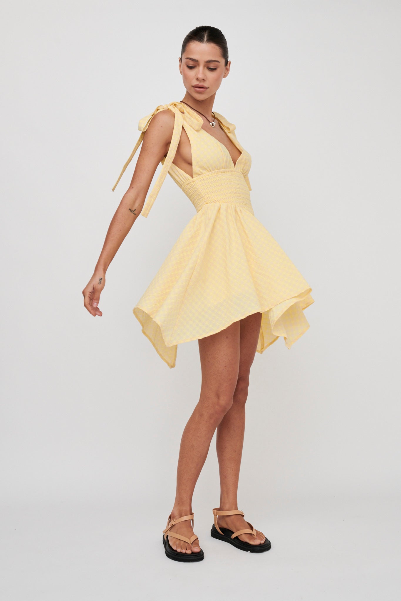 Lido Tied Shoulder Shirred Romper Lemon-Maymioy
