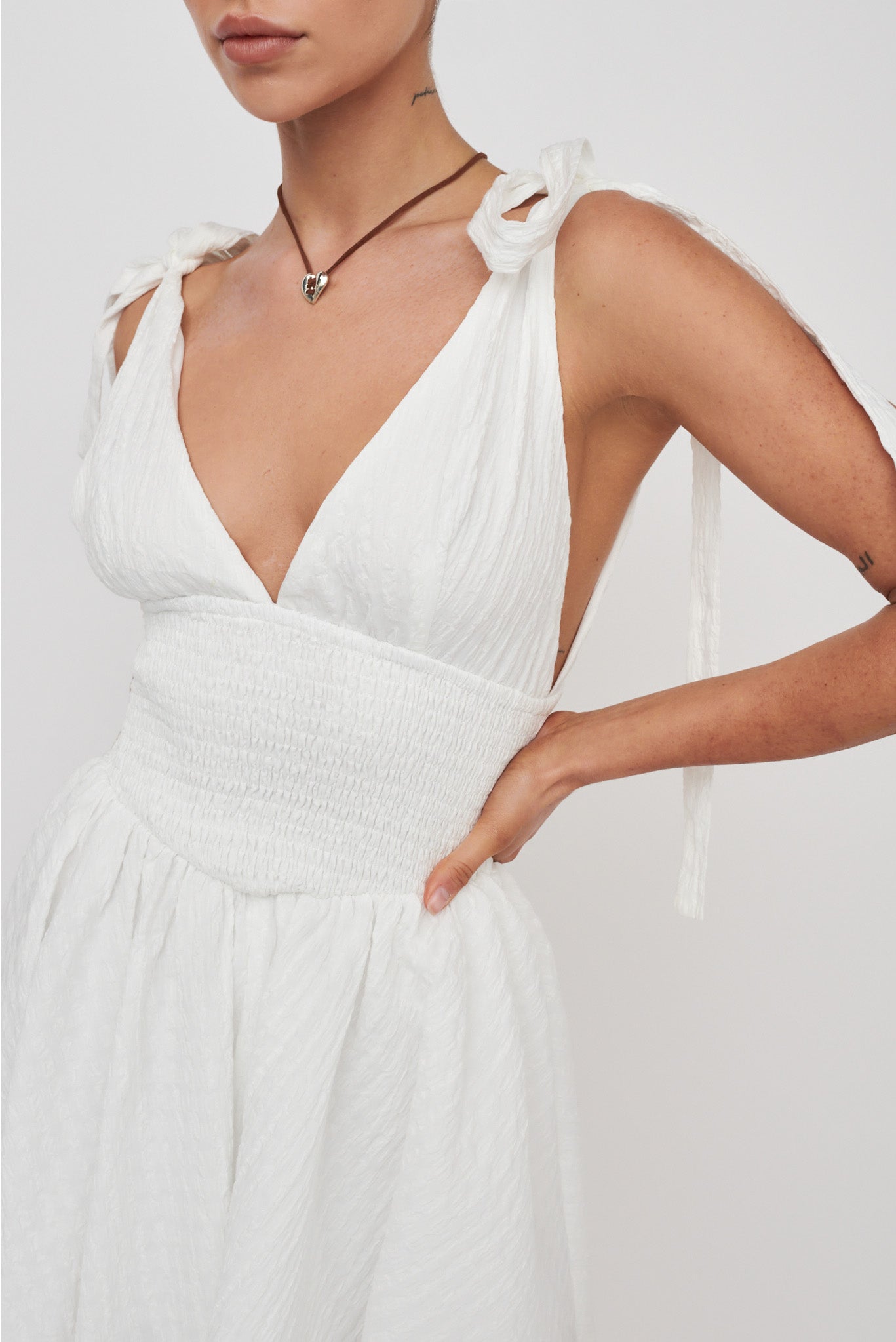 Lido Tied Shoulder Shirred Romper White-Maymioy