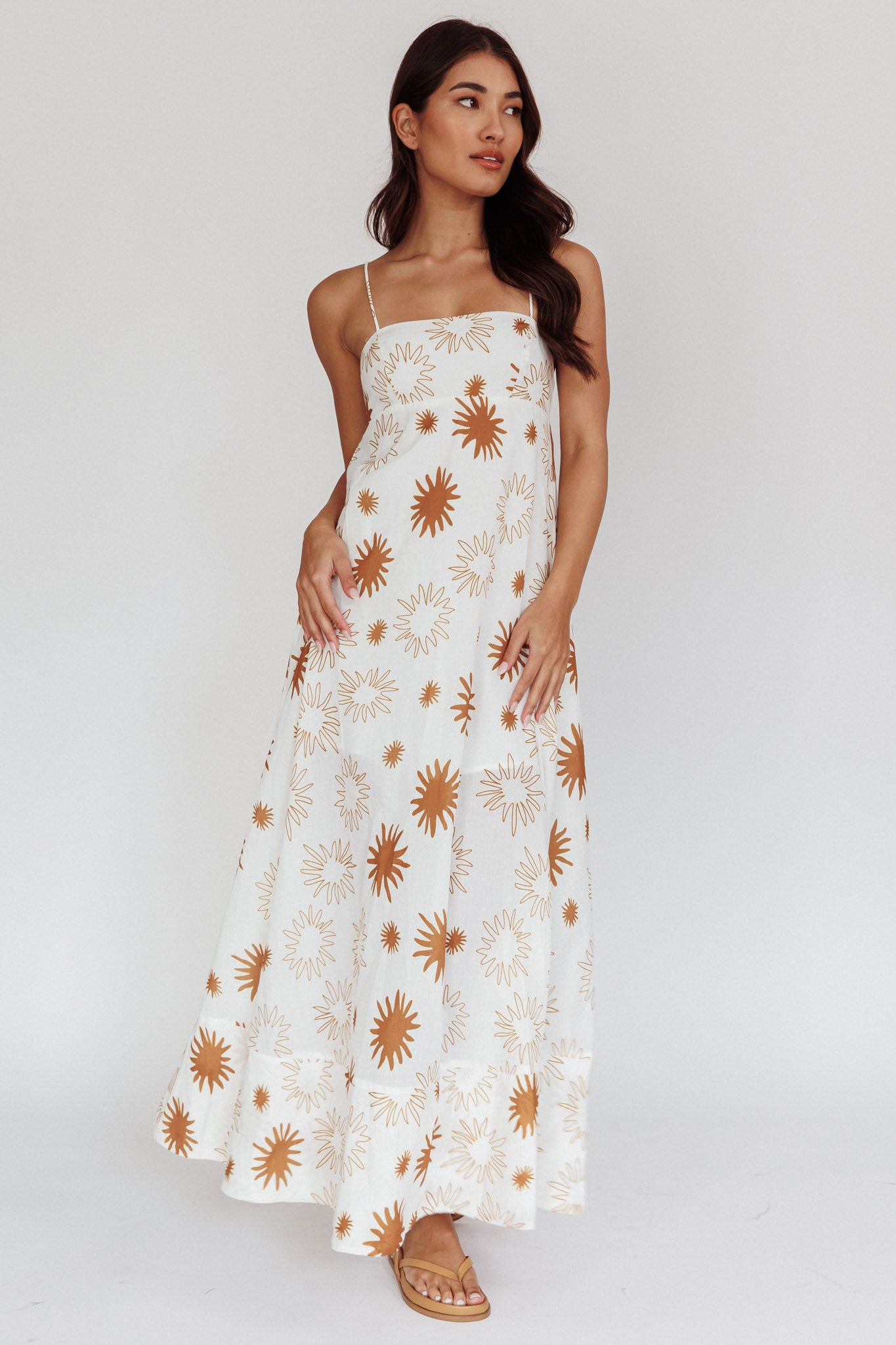 Midsummer Sun Print Maxi Dress White Green-Maymioy