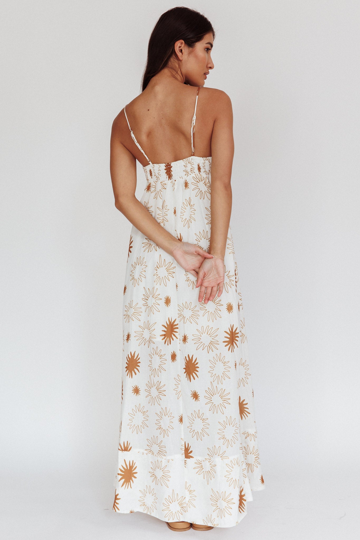 Midsummer Sun Print Maxi Dress White Green-Maymioy