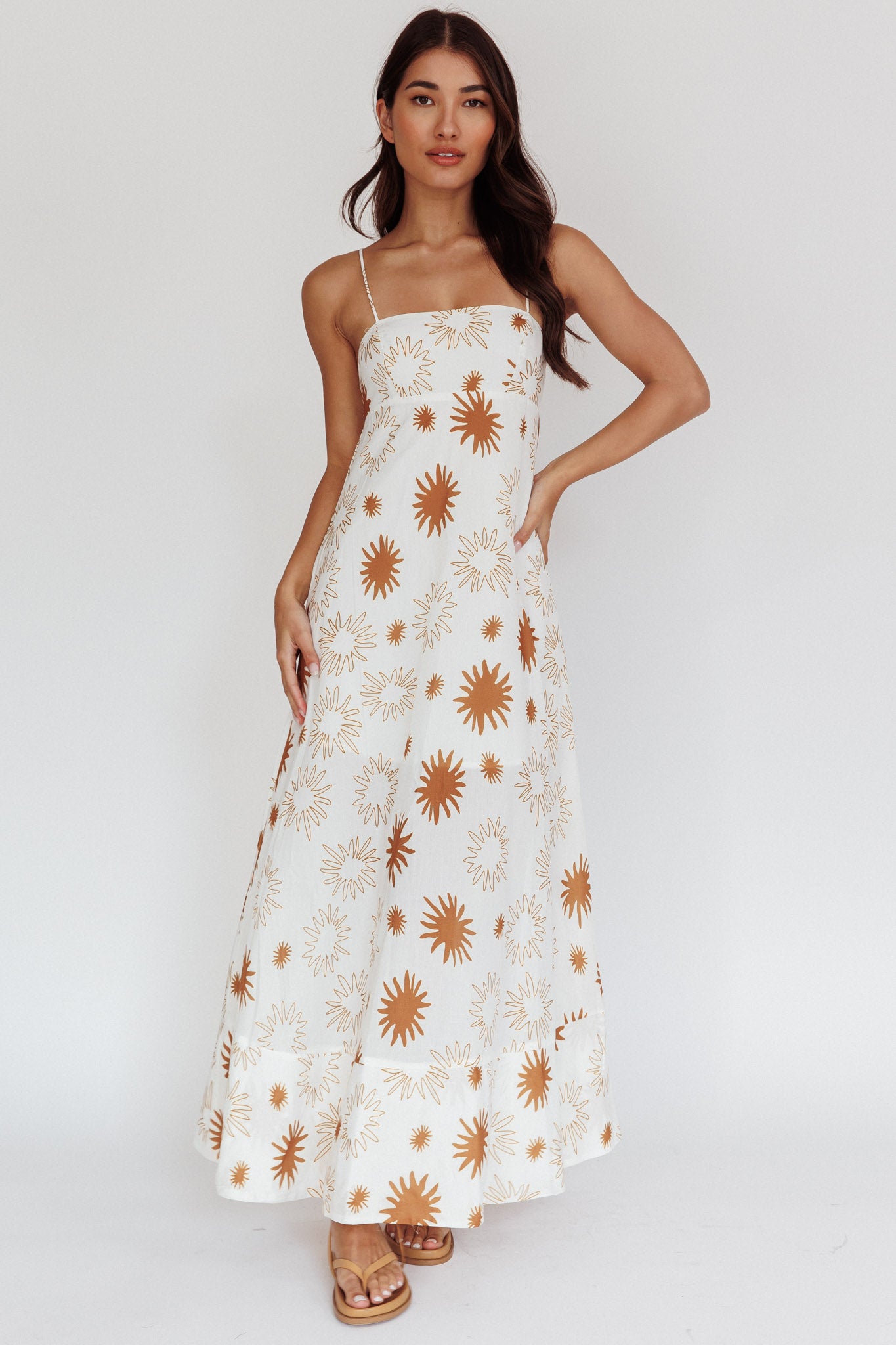 Midsummer Sun Print Maxi Dress White Green-Maymioy