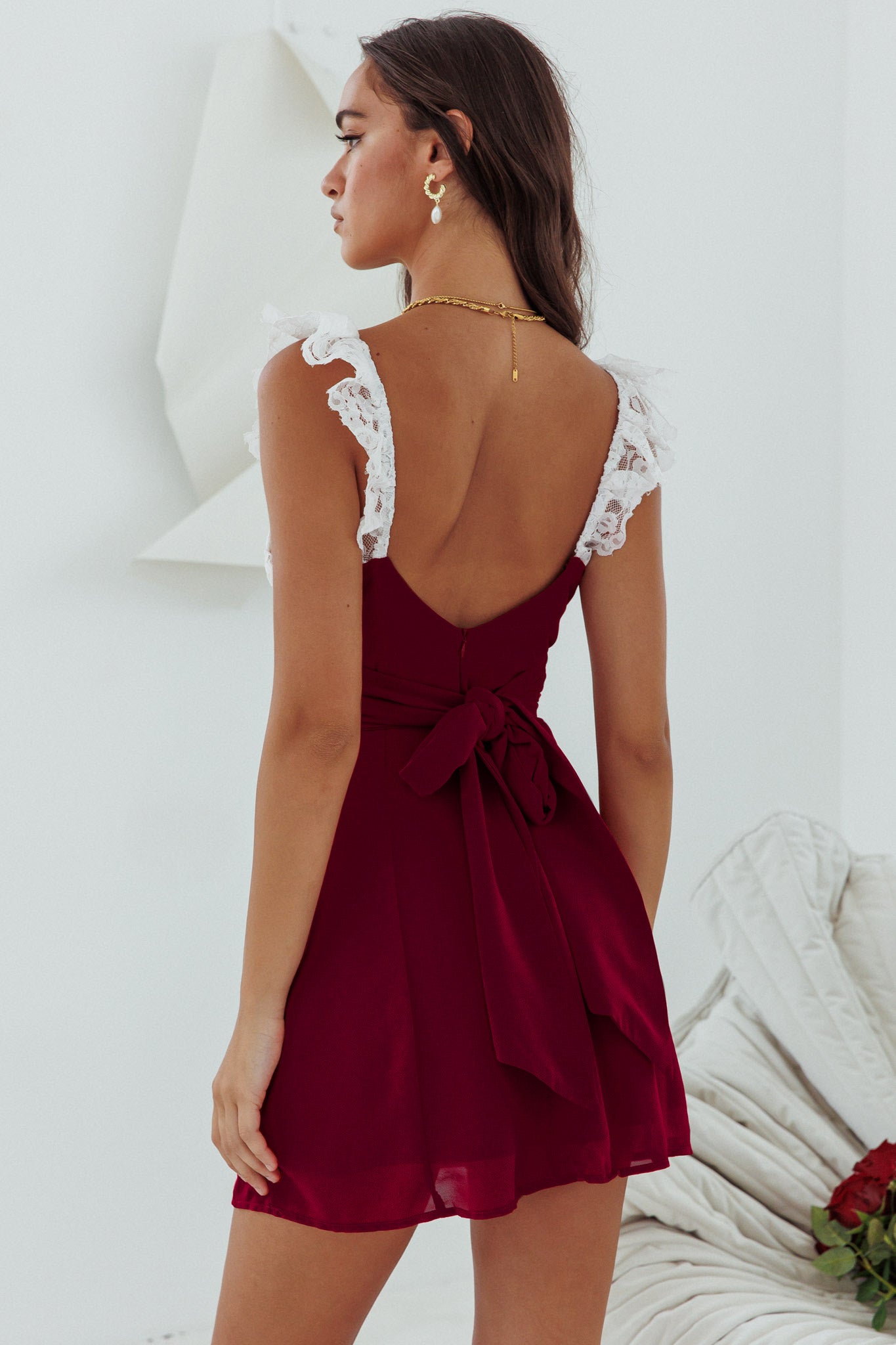 Lakyn Lace Bust Tied Back Mini Dress Wine-Maymioy