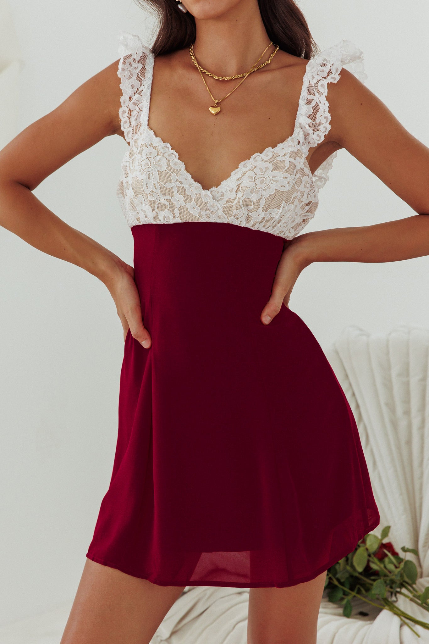 Lakyn Lace Bust Tied Back Mini Dress Wine-Maymioy