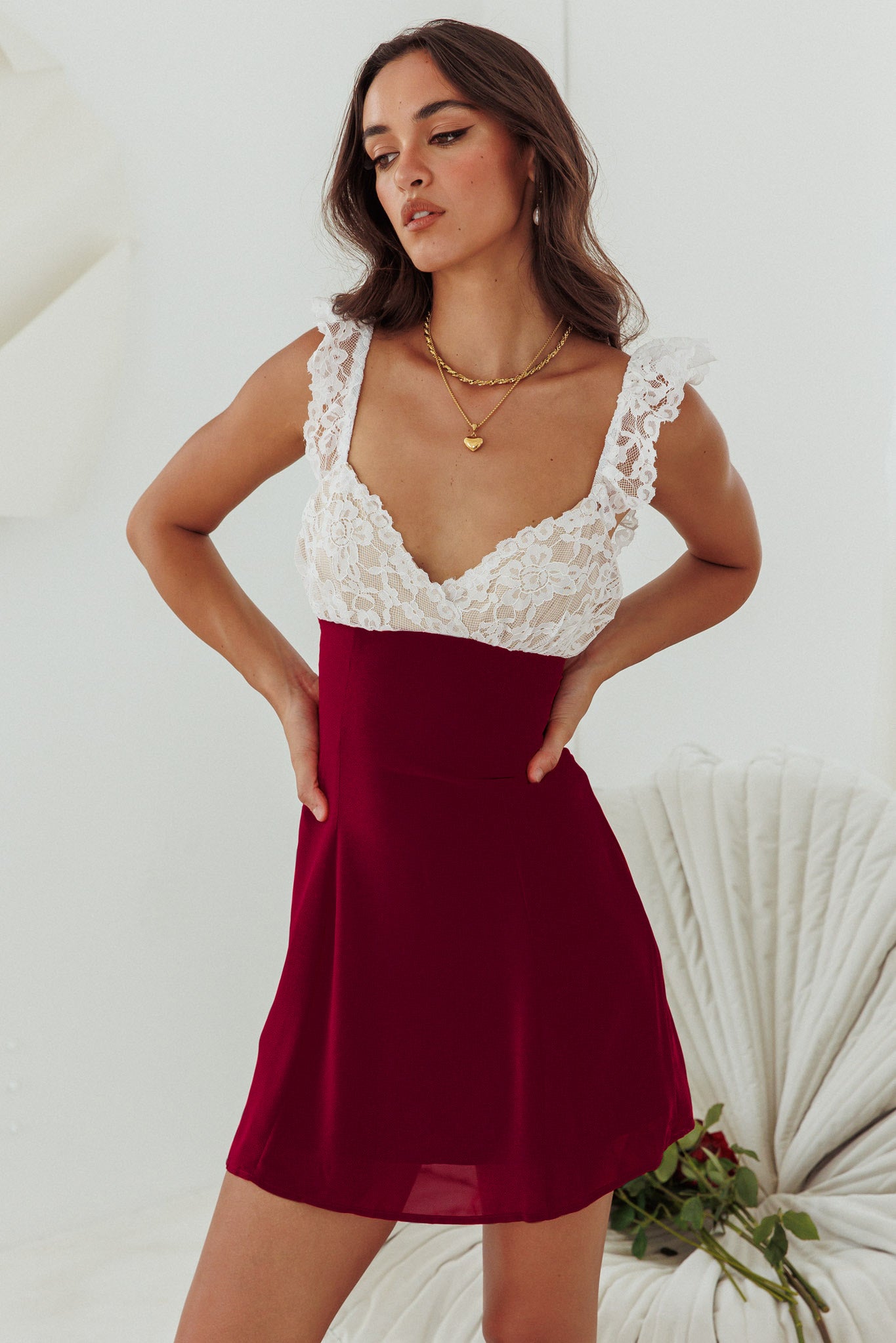 Lakyn Lace Bust Tied Back Mini Dress Wine-Maymioy