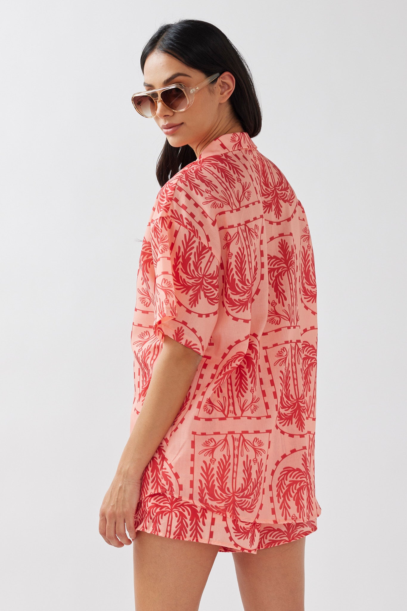 Cora Elastic Waist Shorts Print Red Salmon-Maymioy