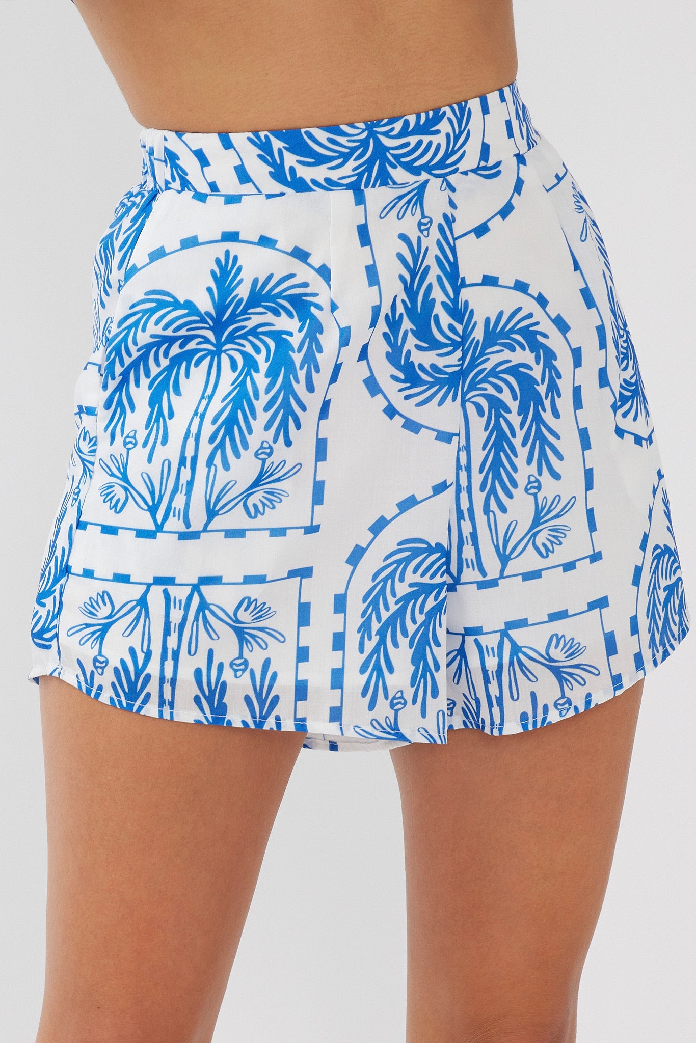 Cora Elastic Waist Shorts Print Blue White-Maymioy