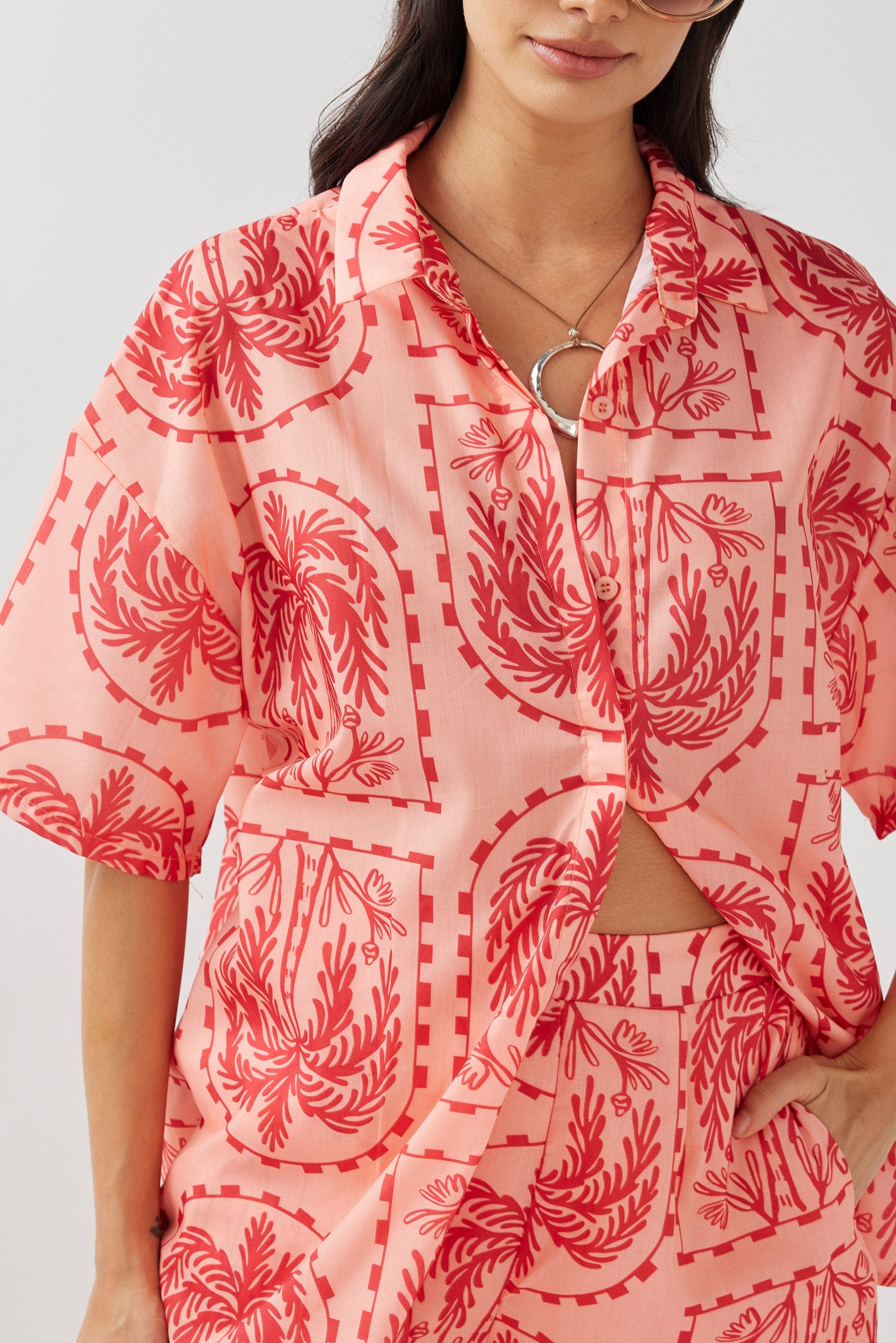 Cora Button-Up Shirt Print Red Salmon-Maymioy