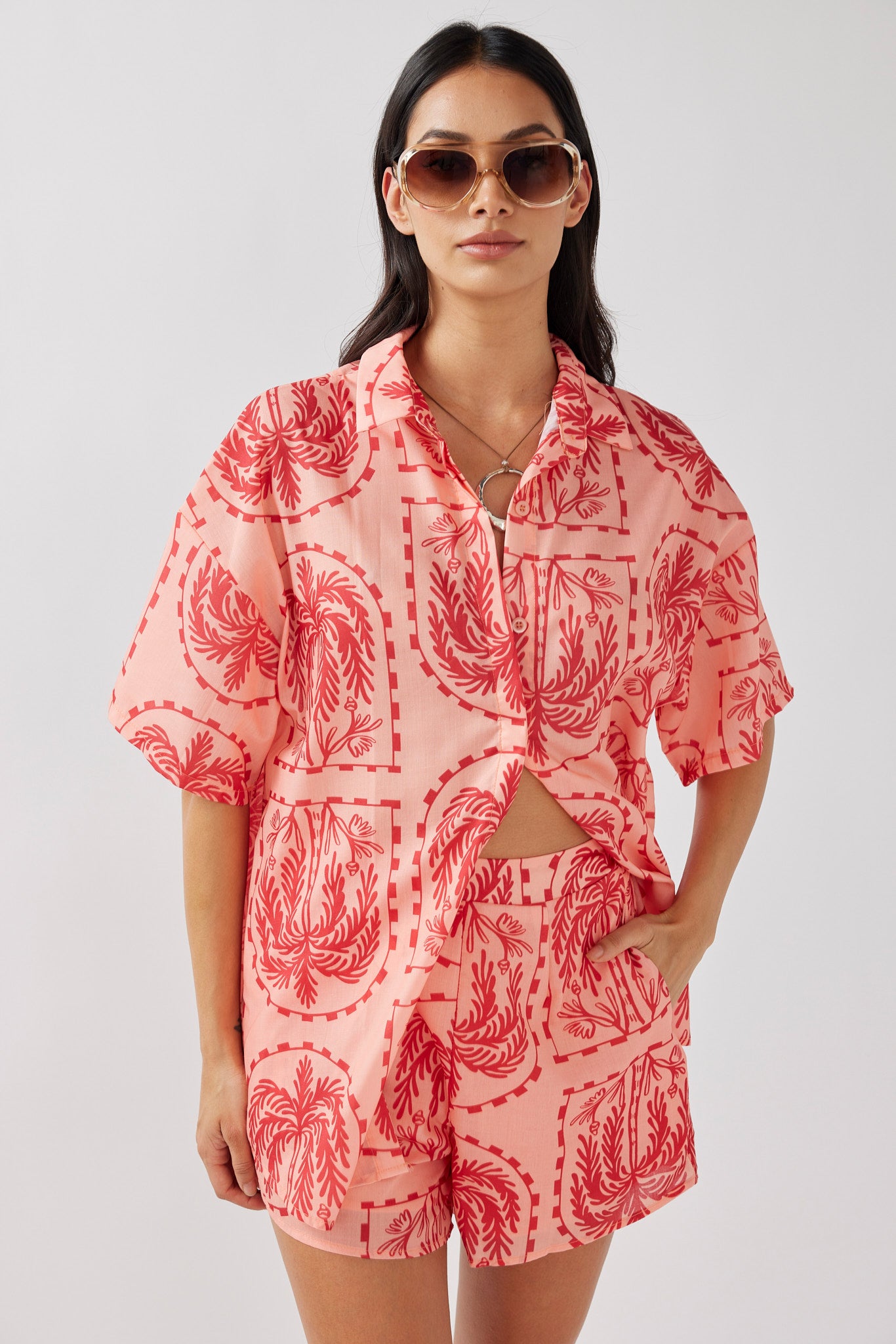 Cora Button-Up Shirt Print Red Salmon-Maymioy