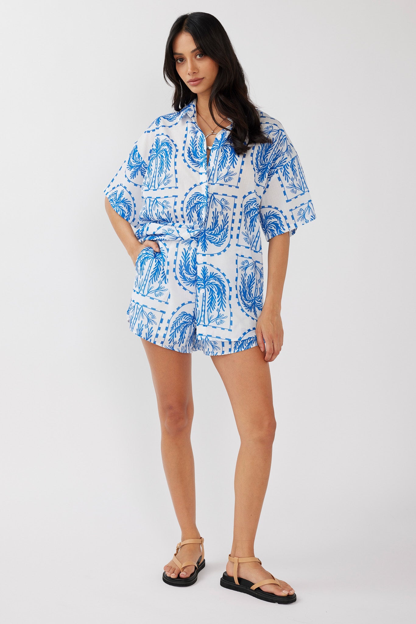 Cora Button-Up Shirt Print Blue White-Maymioy