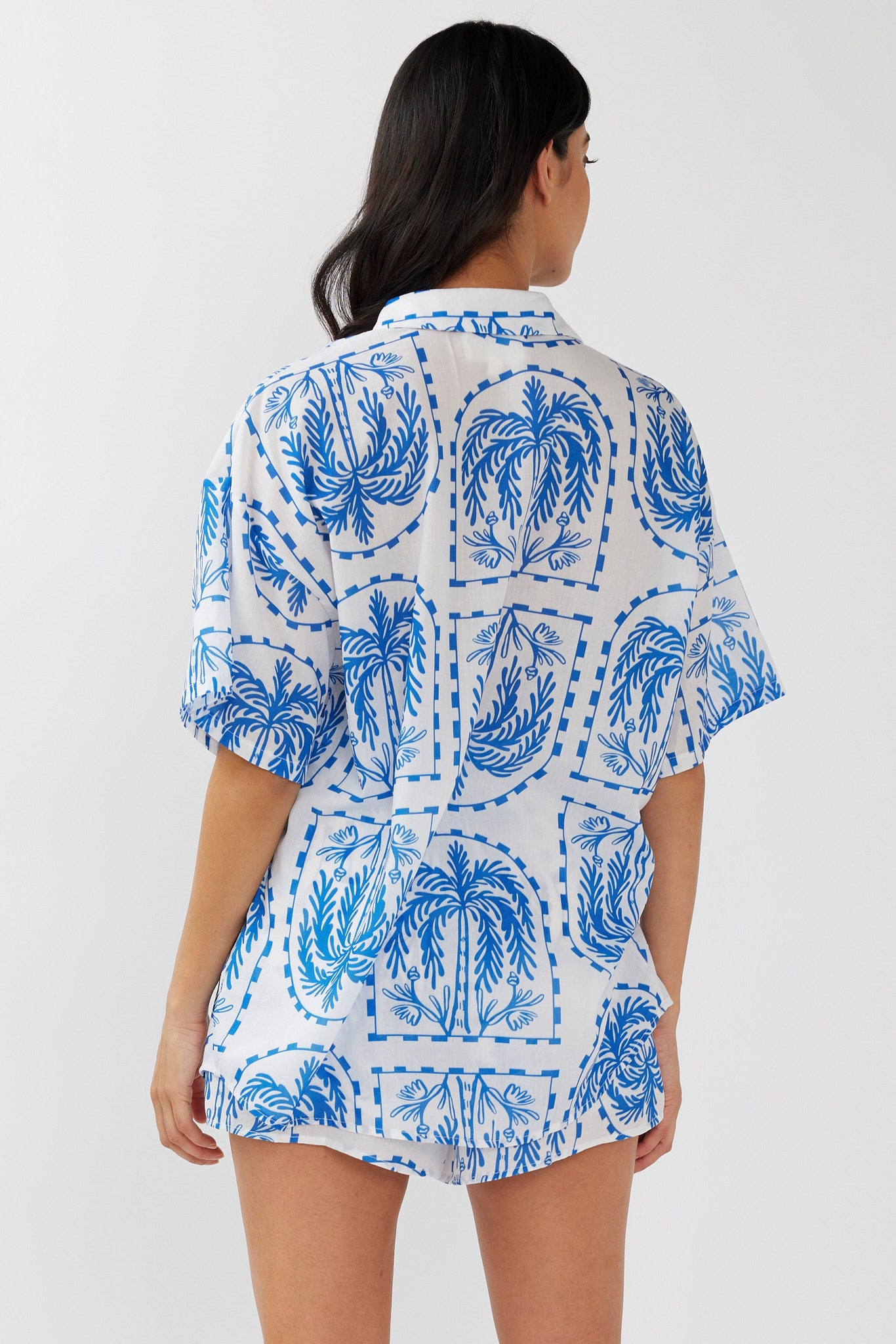 Cora Button-Up Shirt Print Blue White-Maymioy