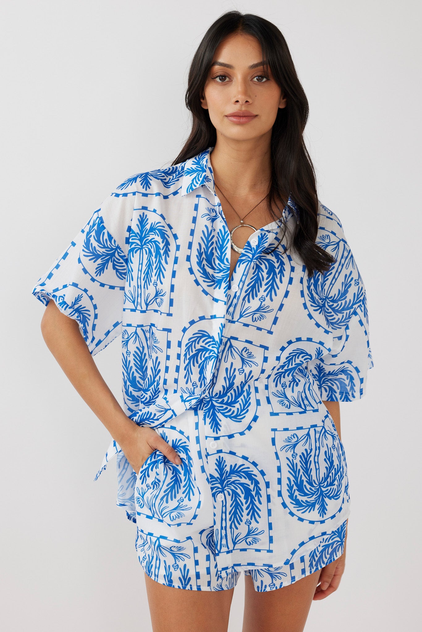 Cora Button-Up Shirt Print Blue White-Maymioy