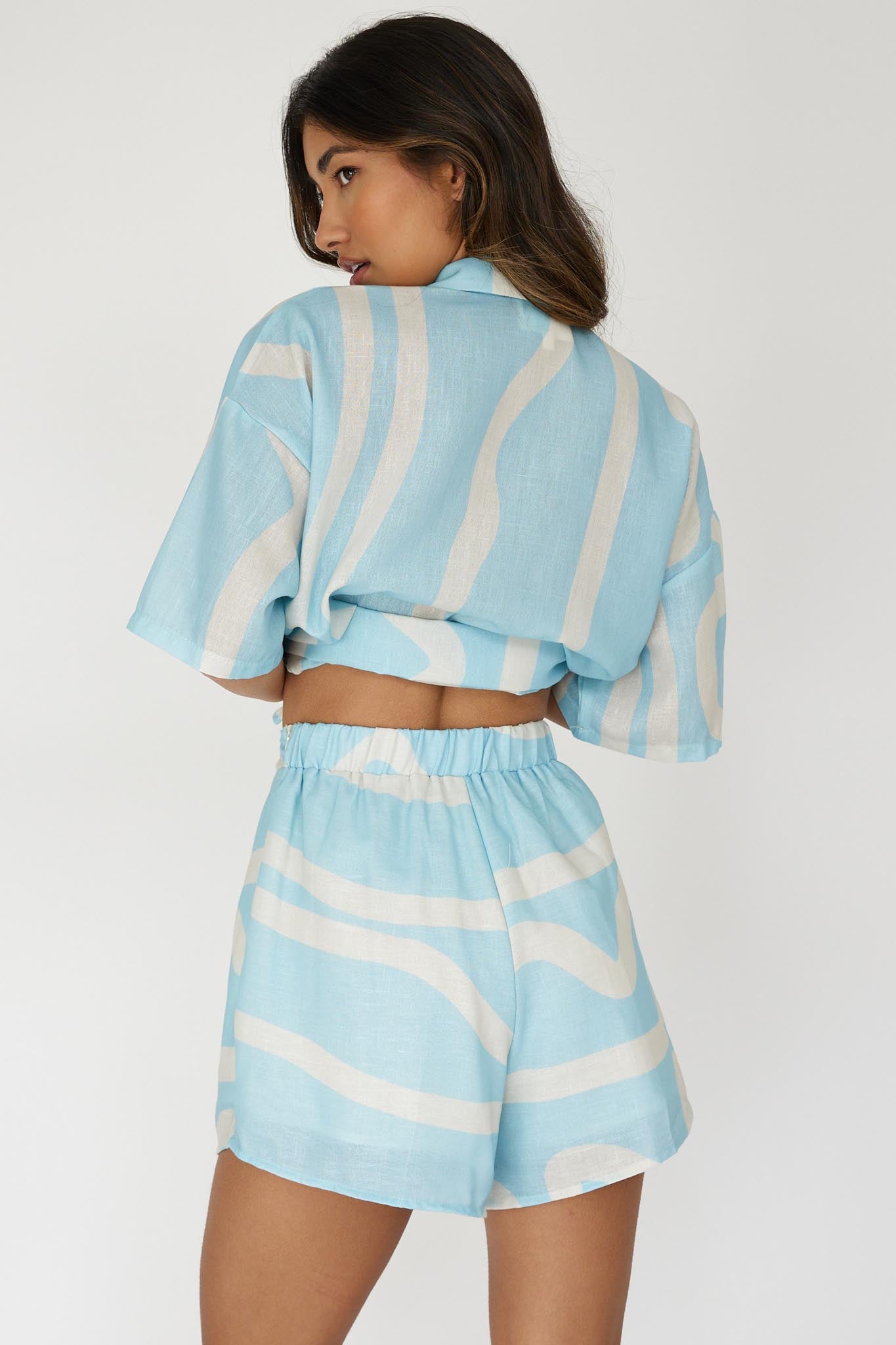 Cora Elastic Waist Shorts Print Baby Blue-Maymioy