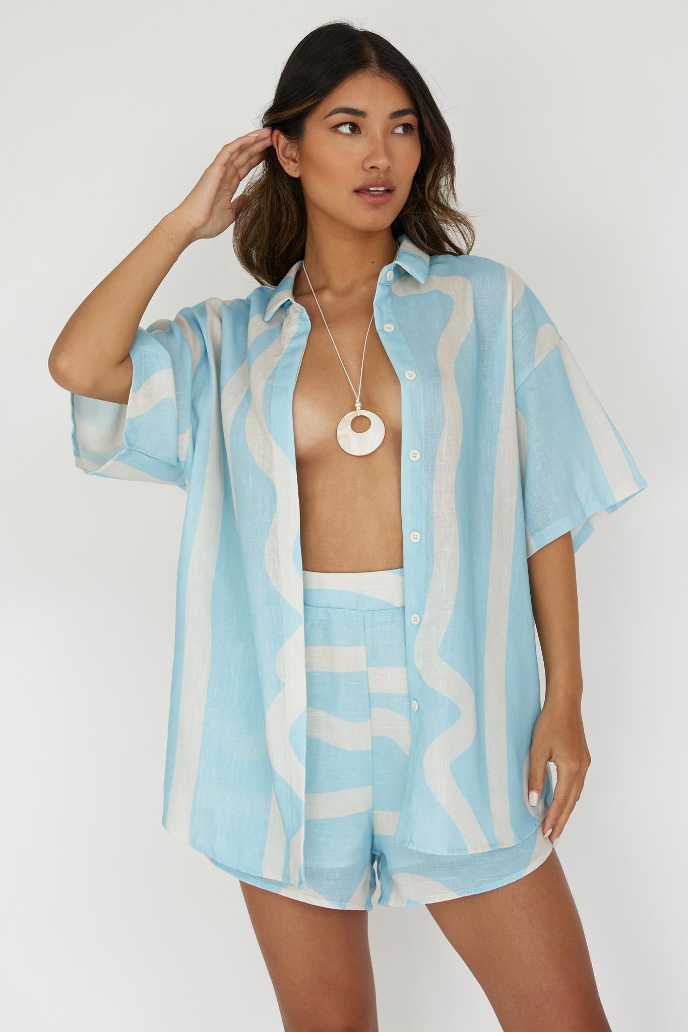 Cora Button-Up Shirt Print Baby Blue-Maymioy