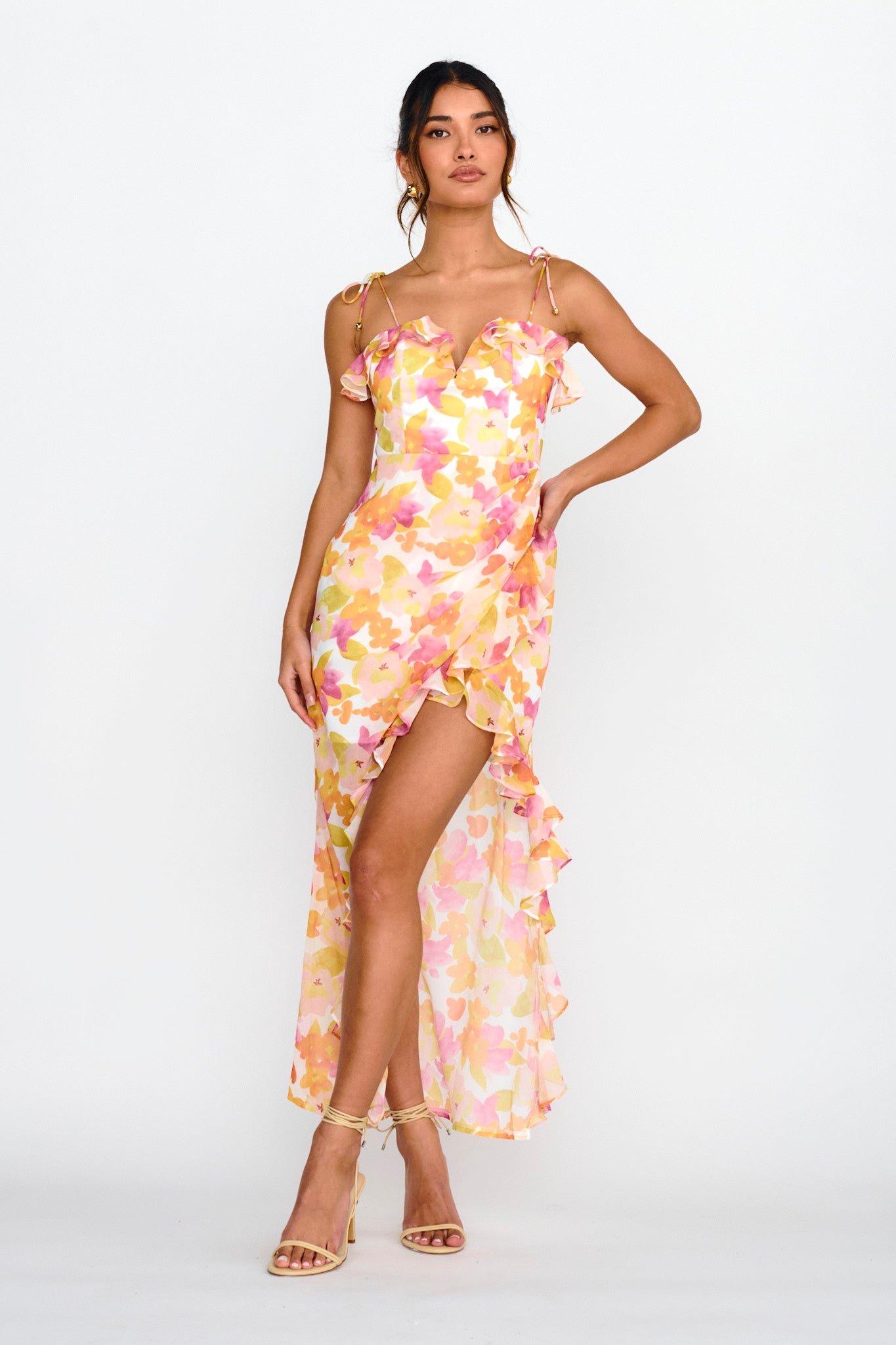 Portofino Cut-Out Split Midi Dress Floral Red-Maymioy