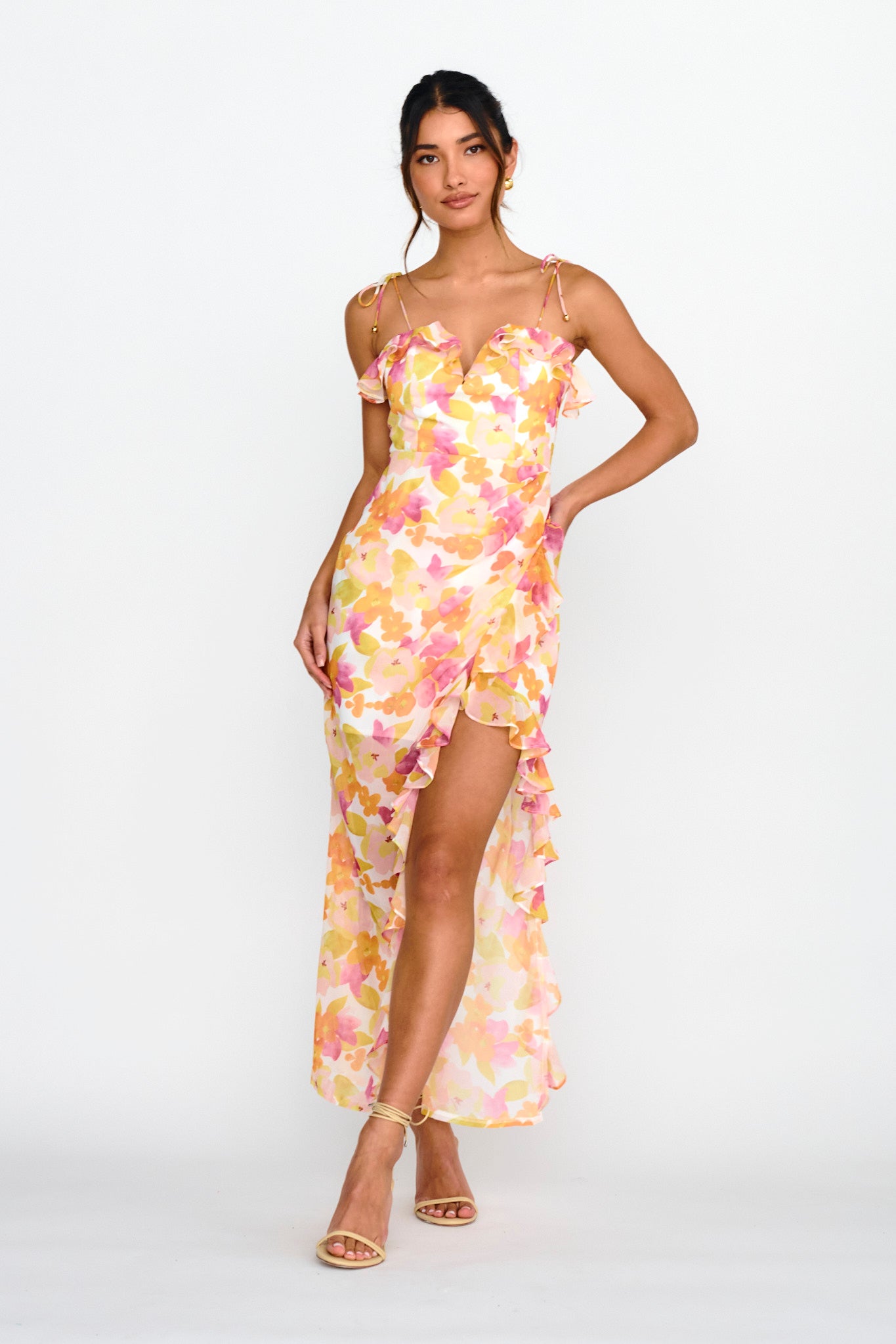 Portofino Cut-Out Split Midi Dress Floral Red-Maymioy