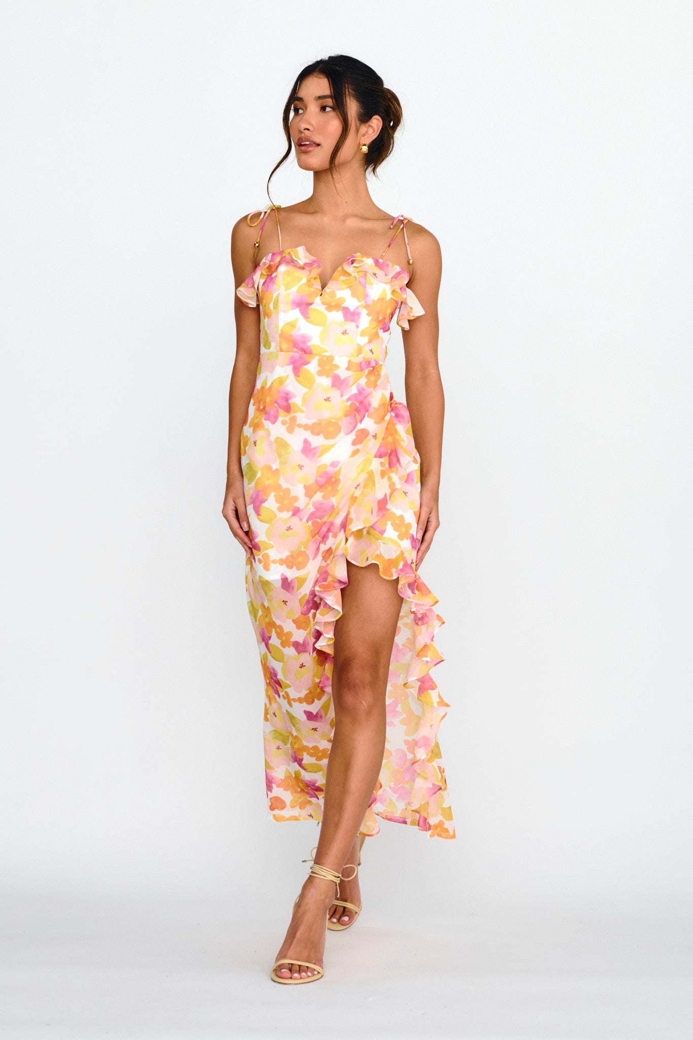 Portofino Cut-Out Split Midi Dress Floral Red-Maymioy