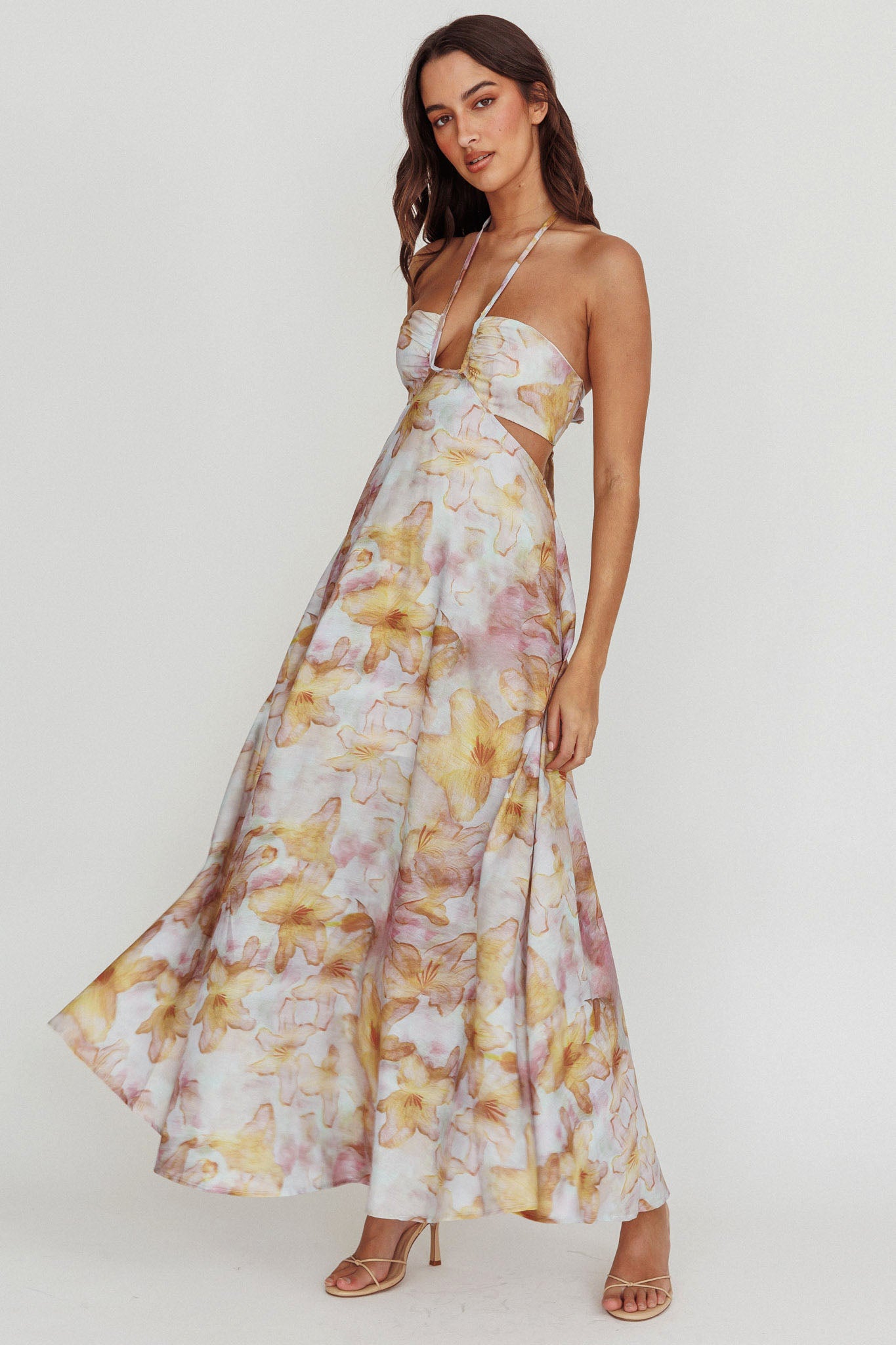 Onika Cut-Out Tied Back Floral Maxi Dress Yellow-Maymioy