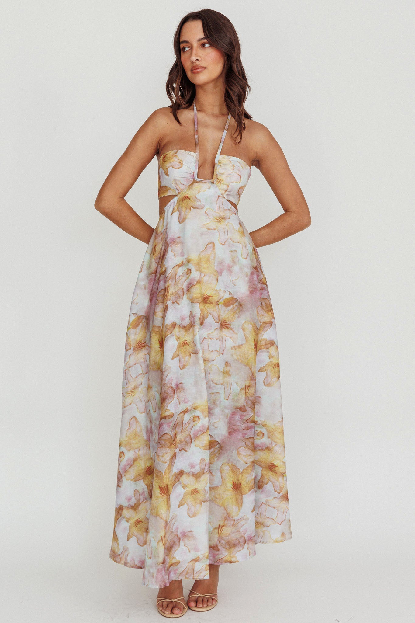 Onika Cut-Out Tied Back Floral Maxi Dress Yellow-Maymioy