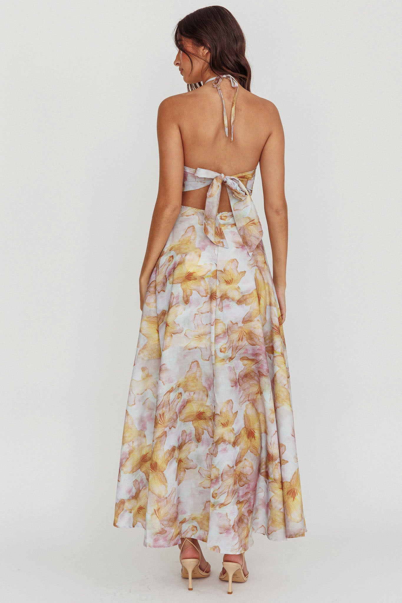 Onika Cut-Out Tied Back Floral Maxi Dress Yellow-Maymioy
