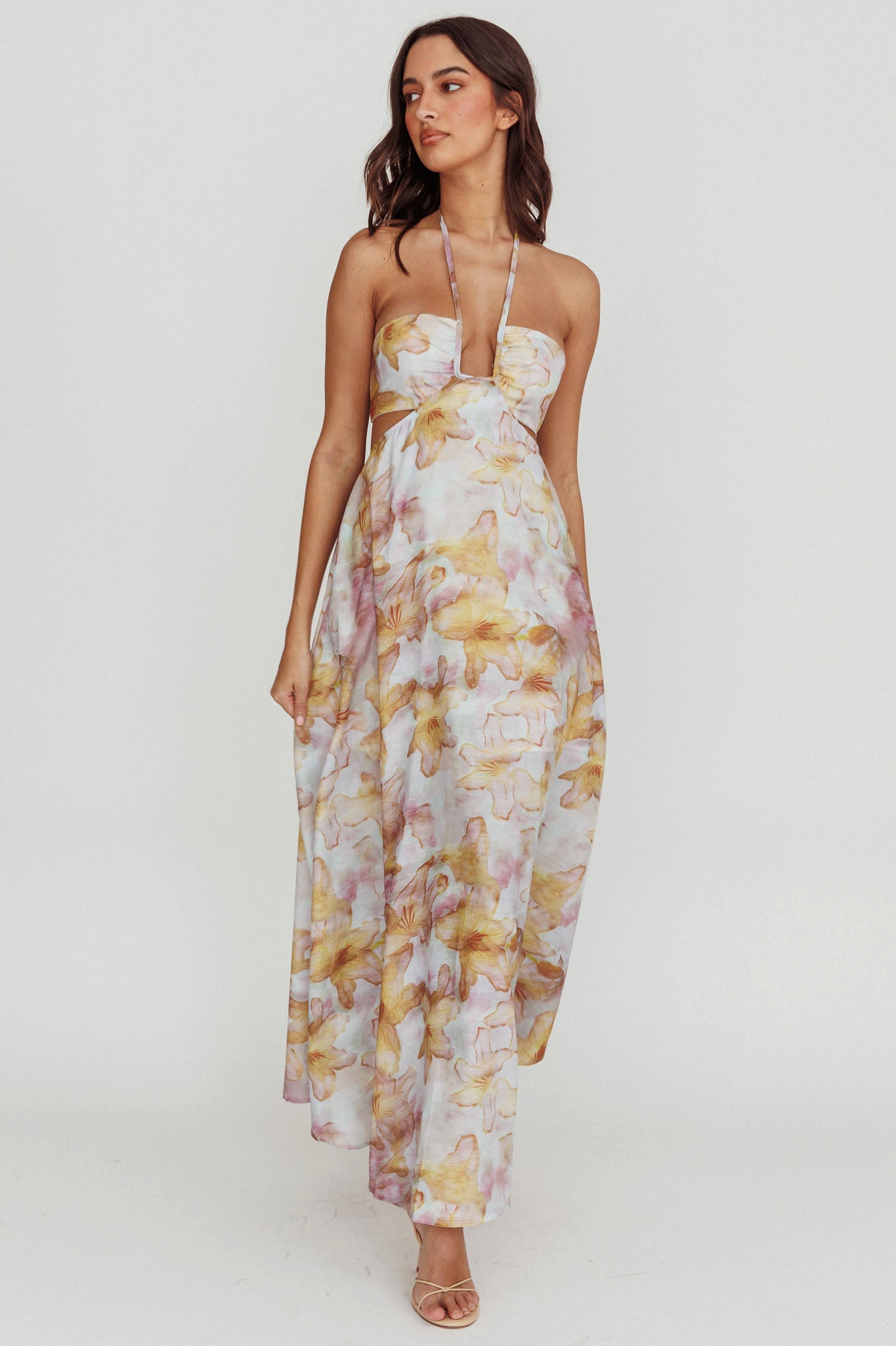 Onika Cut-Out Tied Back Floral Maxi Dress Yellow-Maymioy