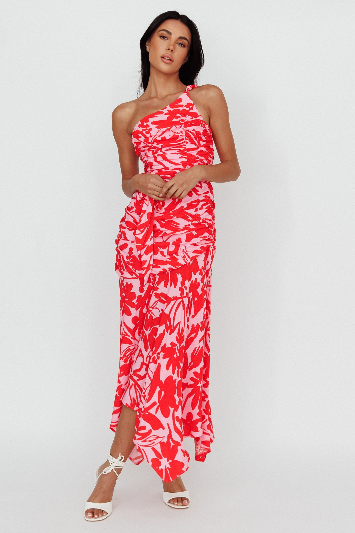 Chandler One-Shoulder Ruched Midi Dress Pink-Maymioy