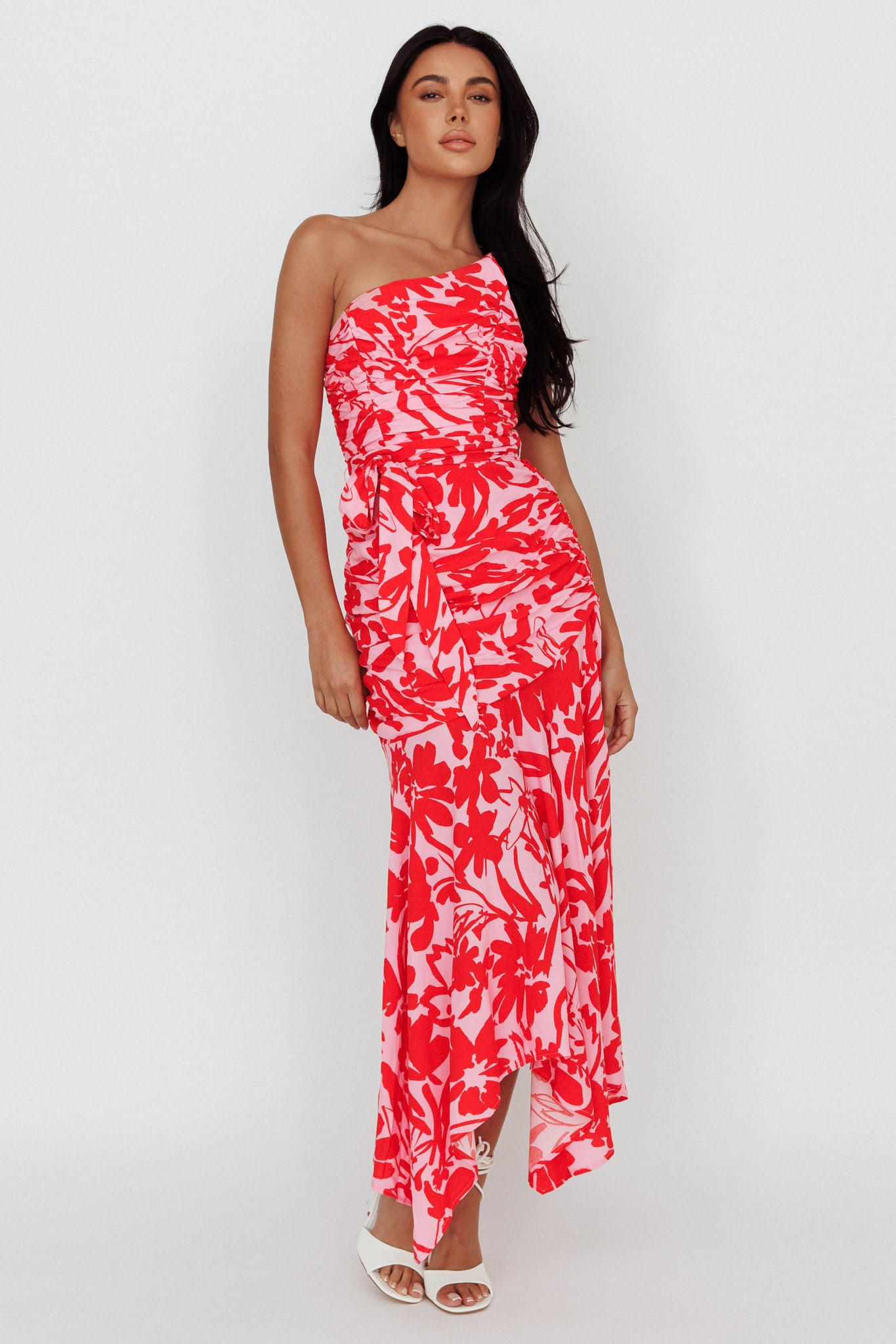 Chandler One-Shoulder Ruched Midi Dress Pink-Maymioy