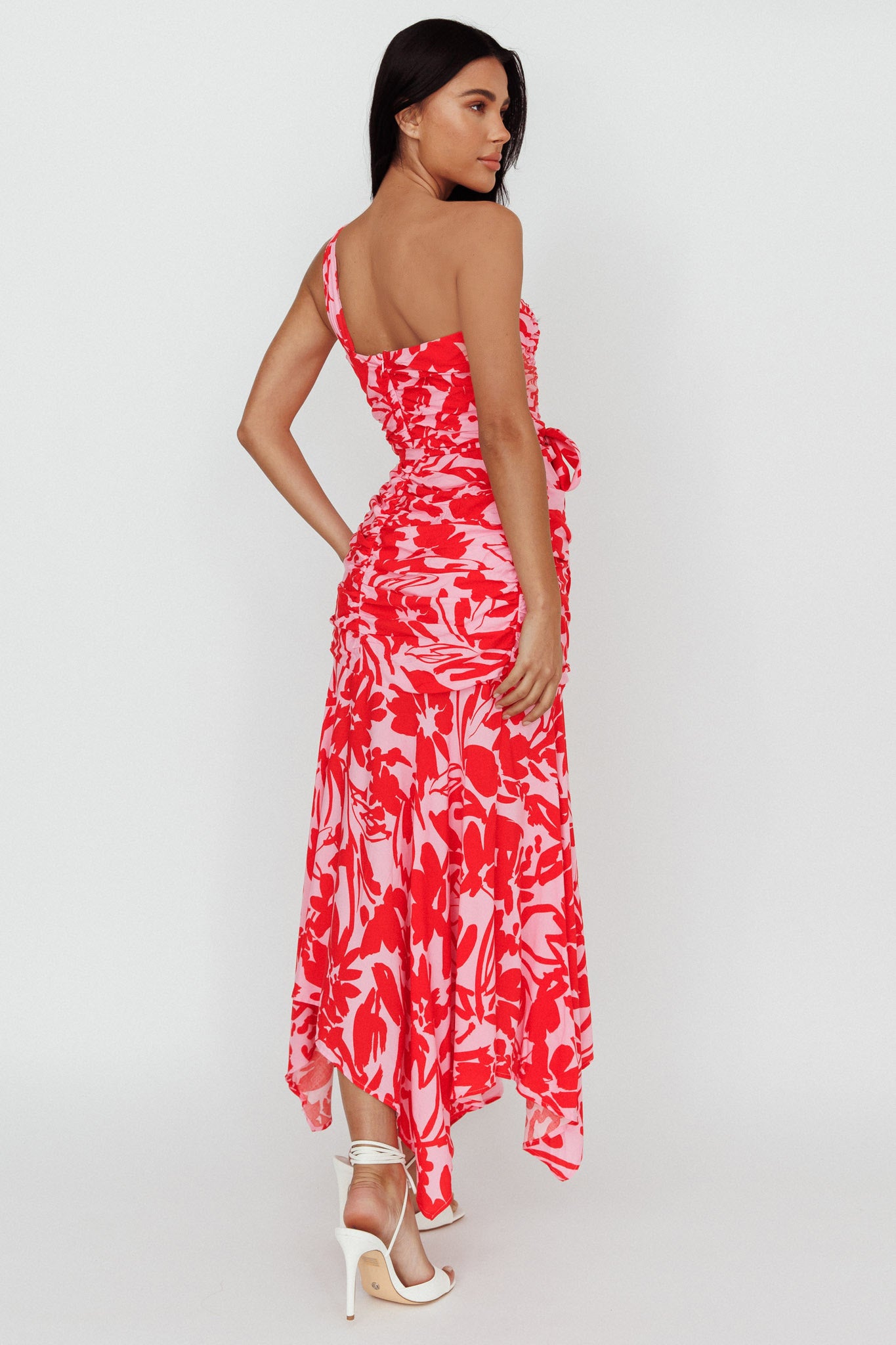 Chandler One-Shoulder Ruched Midi Dress Pink-Maymioy