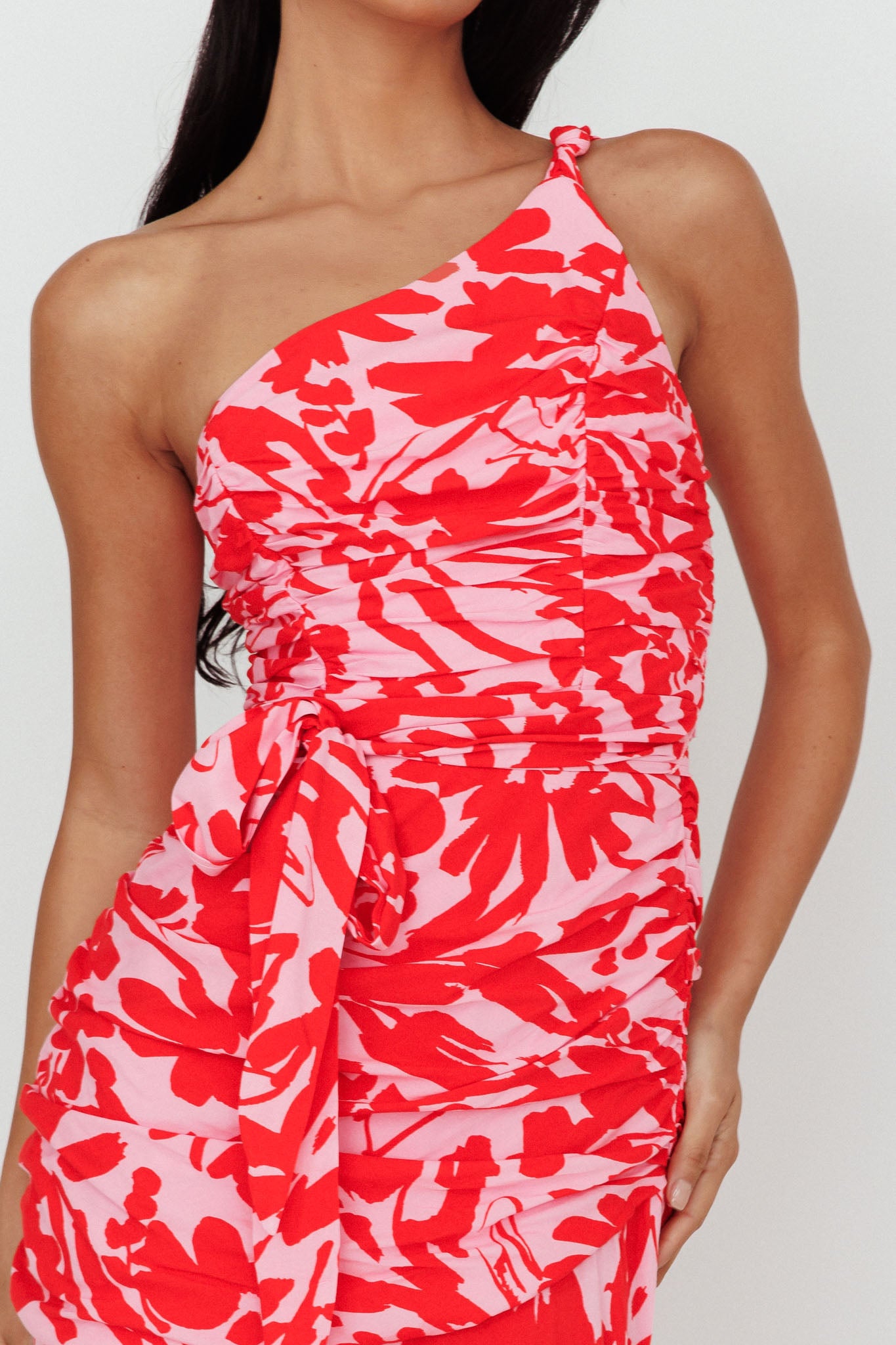 Chandler One-Shoulder Ruched Midi Dress Pink-Maymioy