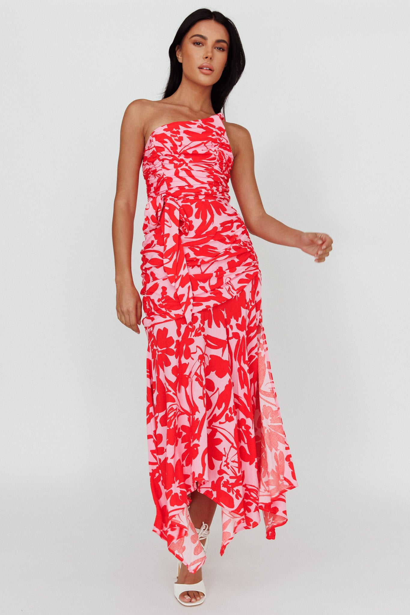Chandler One-Shoulder Ruched Midi Dress Pink-Maymioy