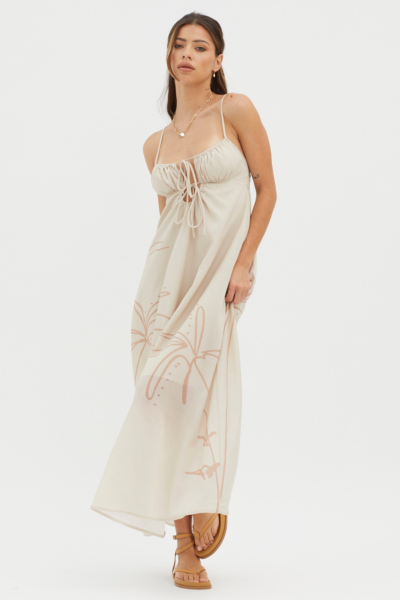 Yuki Tied Bust Midi Dress Sand-Maymioy