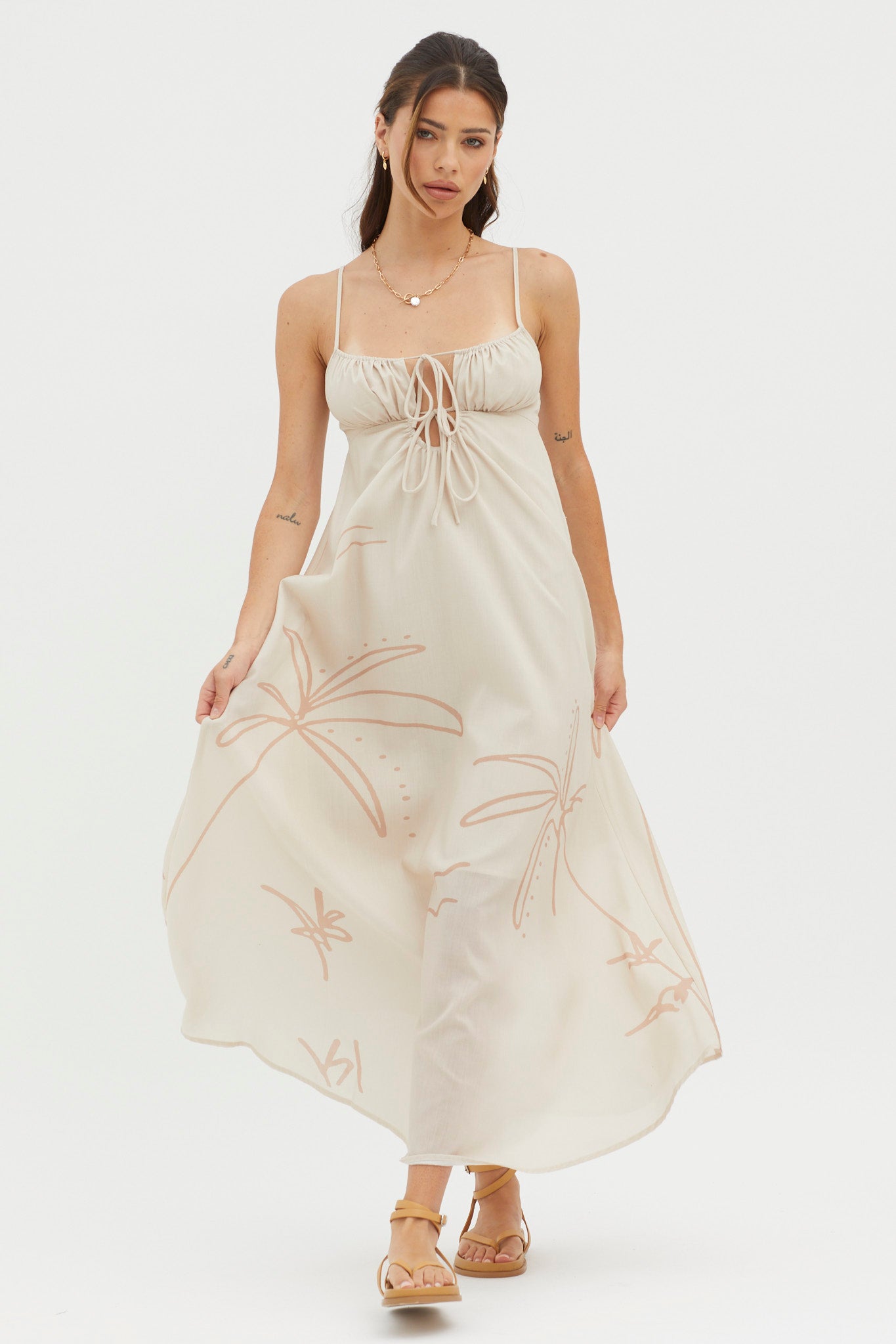 Yuki Tied Bust Midi Dress Sand-Maymioy