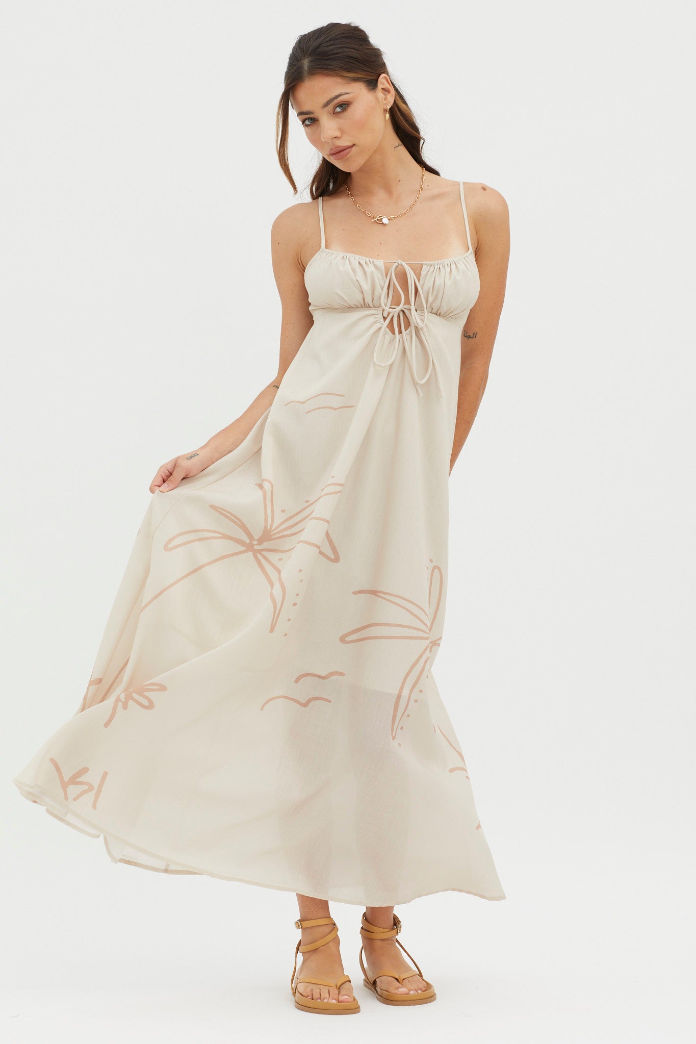 Yuki Tied Bust Midi Dress Sand-Maymioy