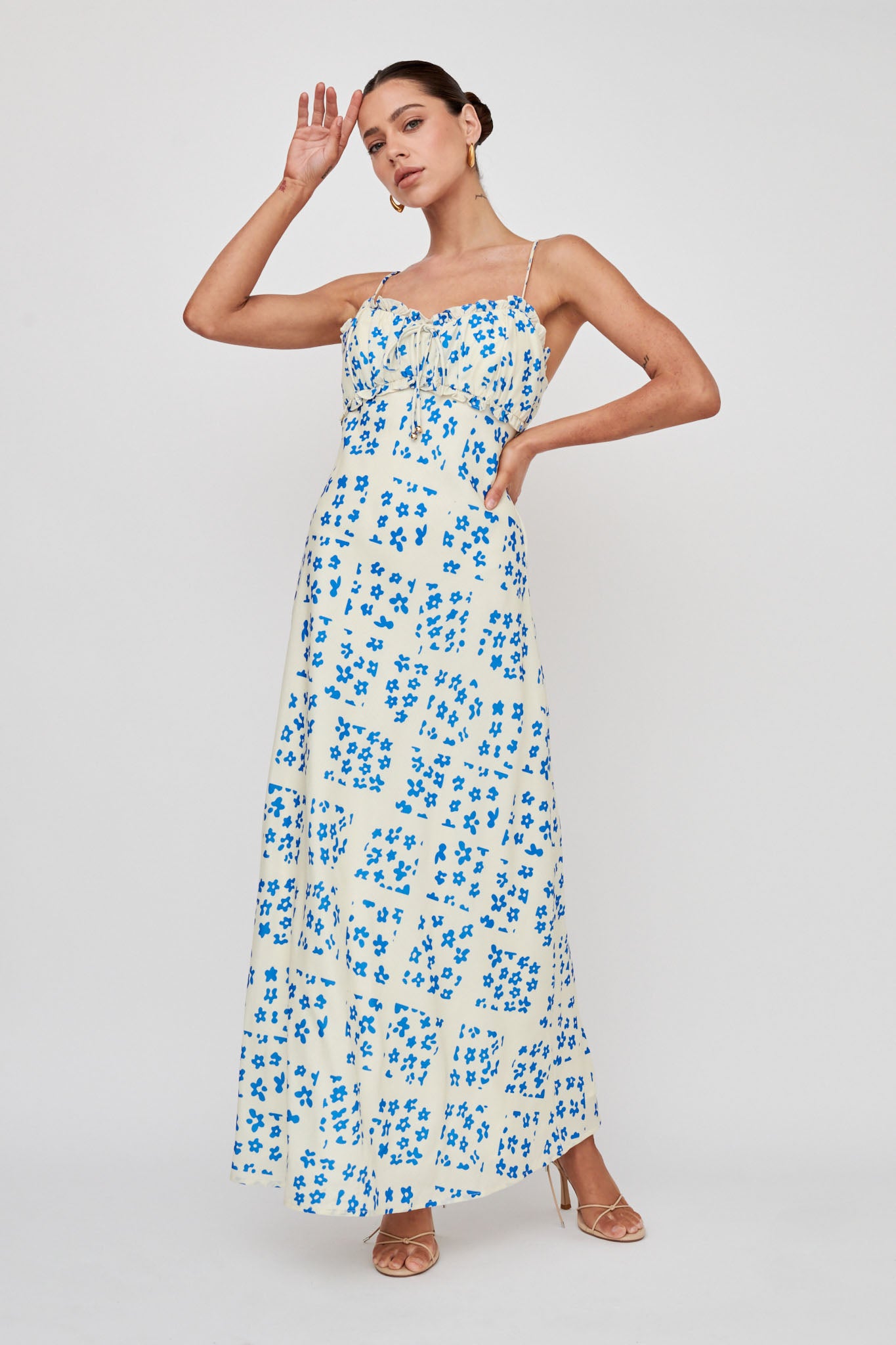 Anja Frill Trim Maxi Dress Print Cream Blue-Maymioy