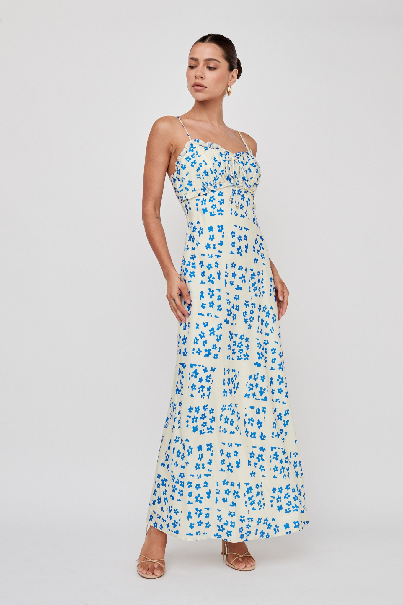 Anja Frill Trim Maxi Dress Print Cream Blue-Maymioy
