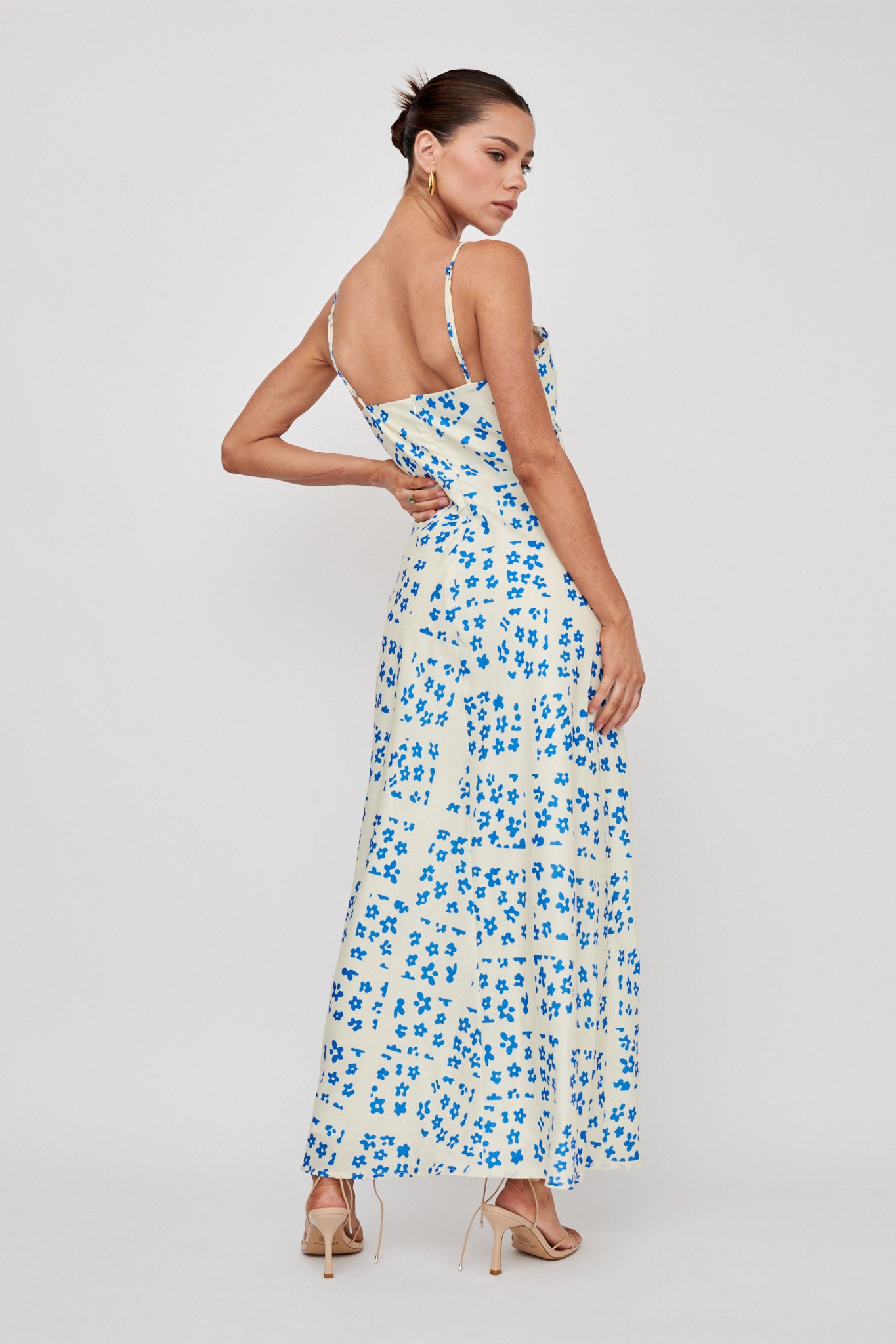 Anja Frill Trim Maxi Dress Print Cream Blue-Maymioy