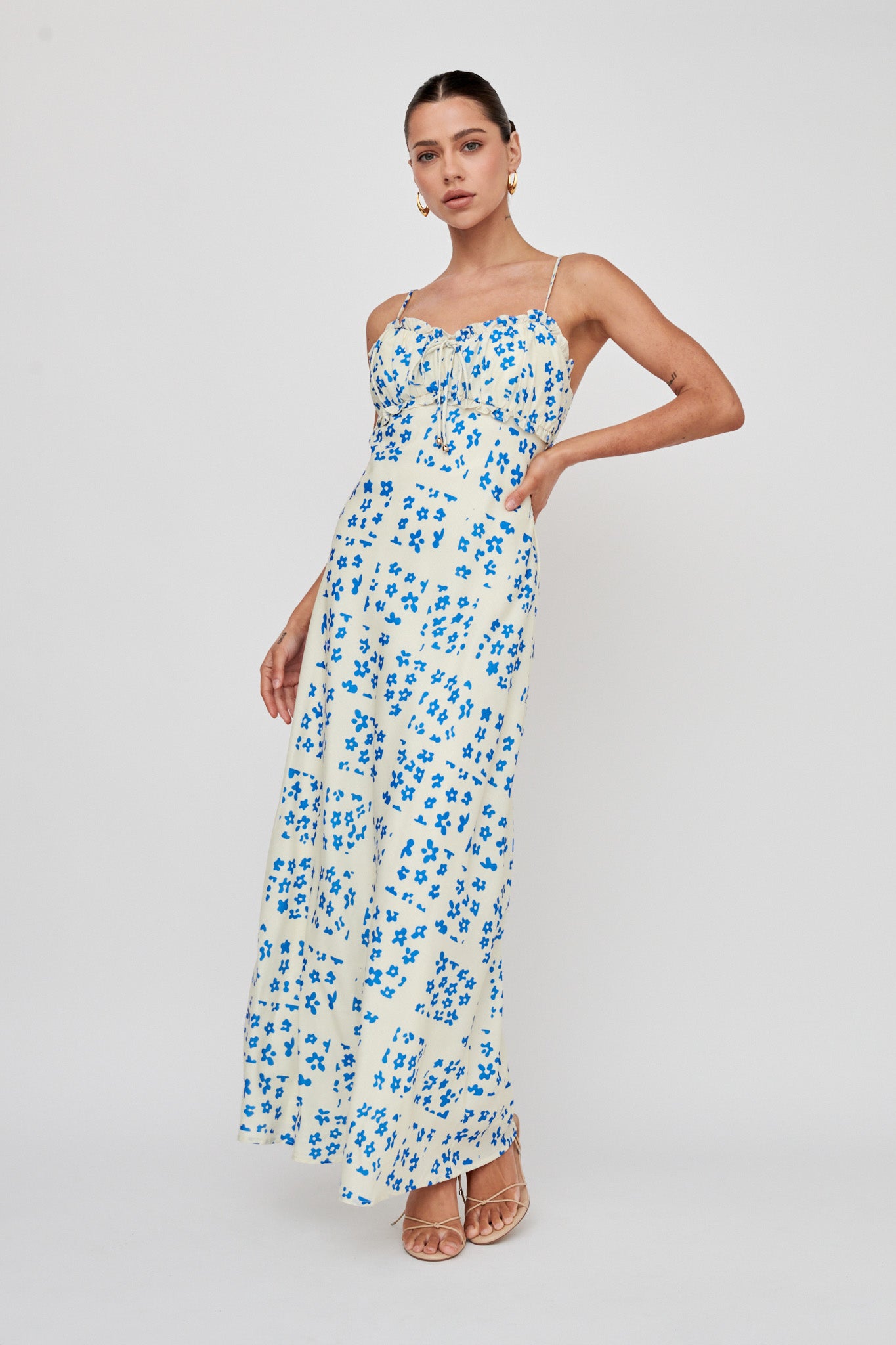 Anja Frill Trim Maxi Dress Print Cream Blue-Maymioy