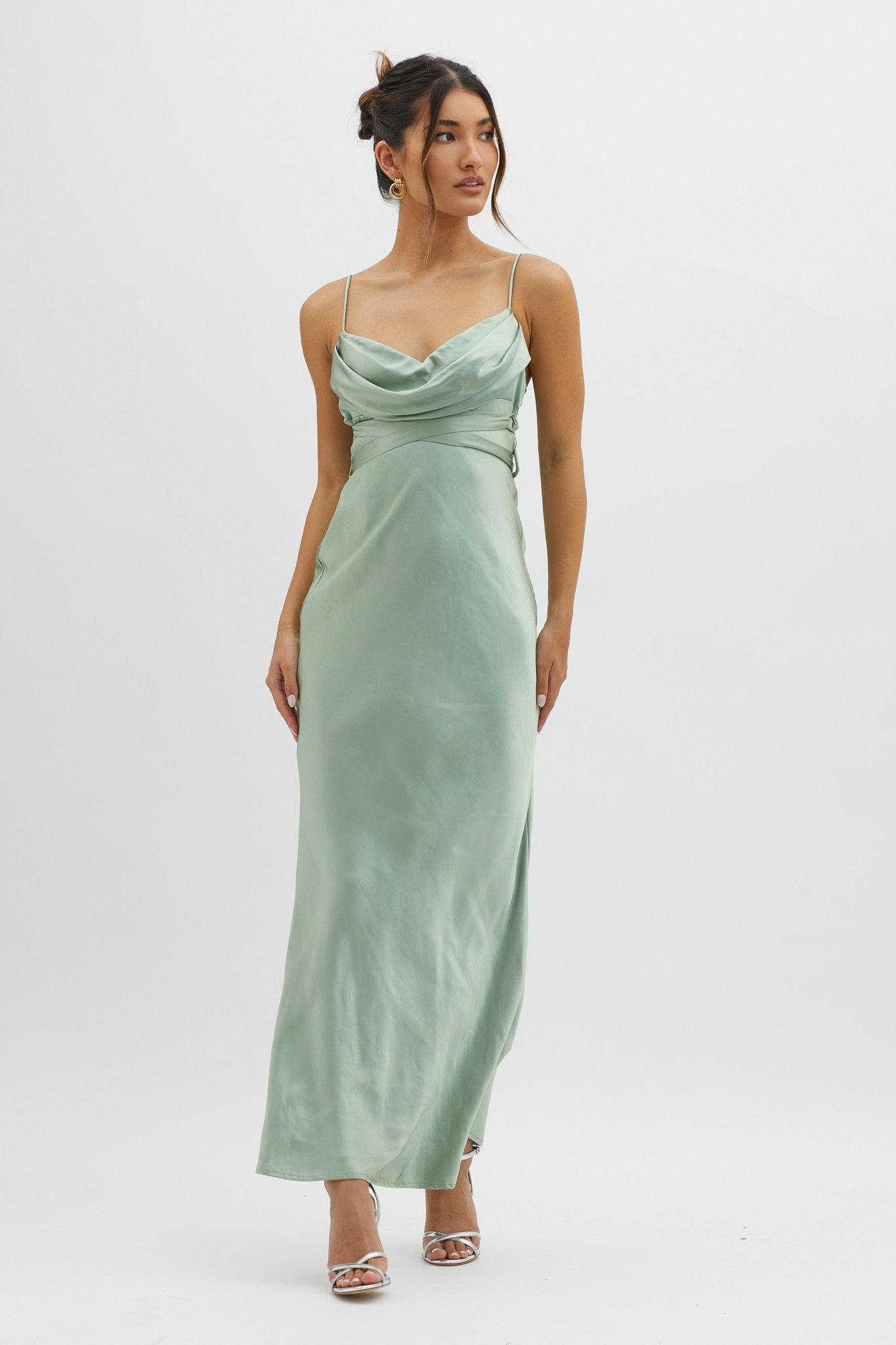 Starring Role Cowl Bust Waist Tie Dress Sage-Maymioy