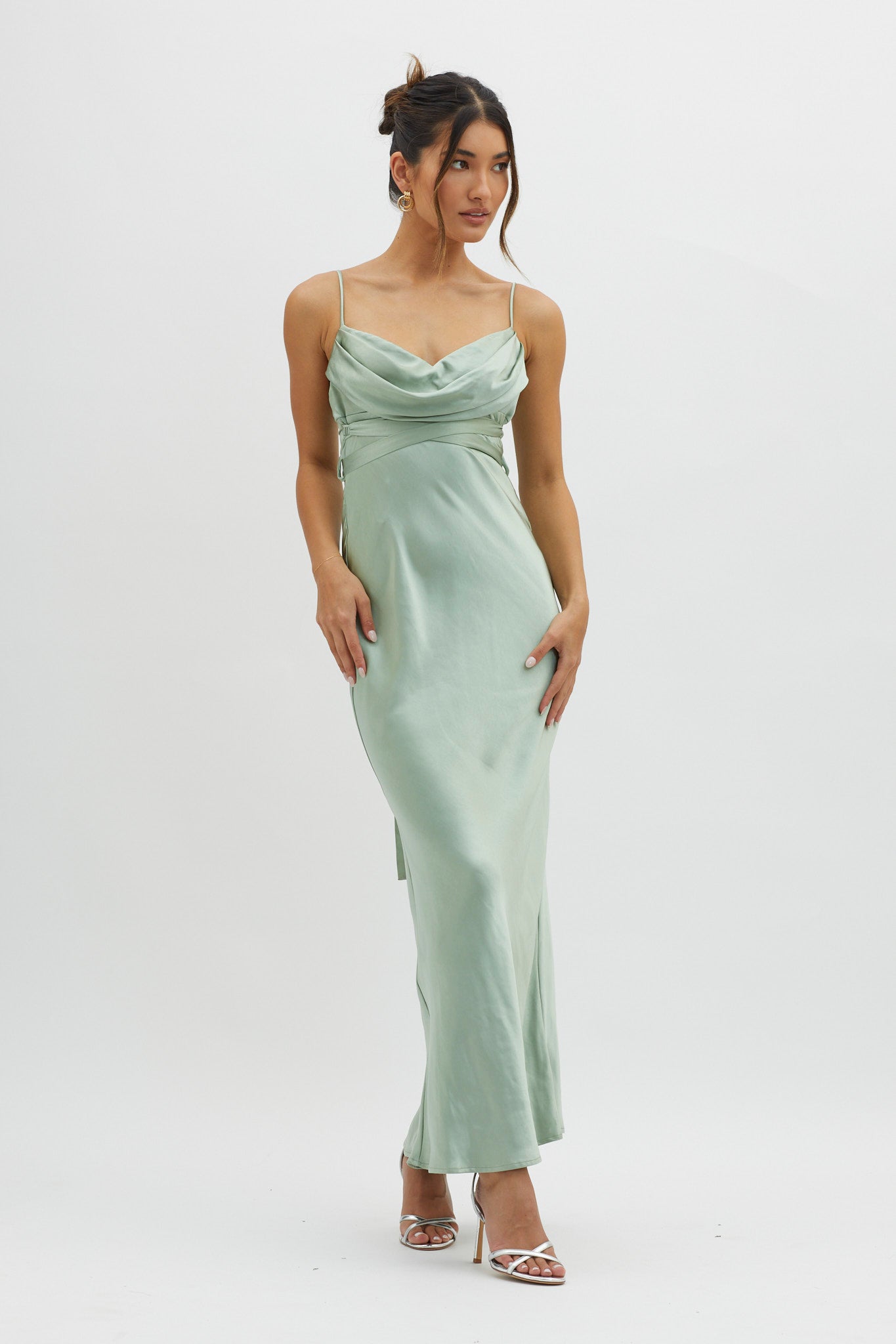 Starring Role Cowl Bust Waist Tie Dress Sage-Maymioy