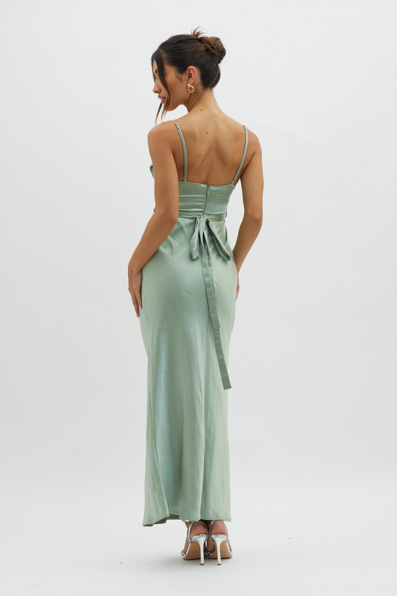 Starring Role Cowl Bust Waist Tie Dress Sage-Maymioy