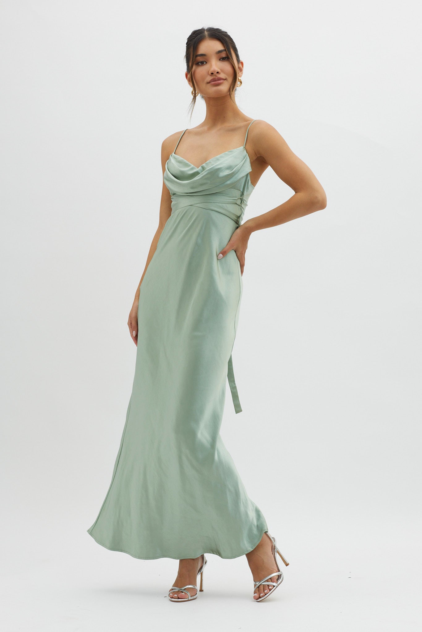 Starring Role Cowl Bust Waist Tie Dress Sage-Maymioy