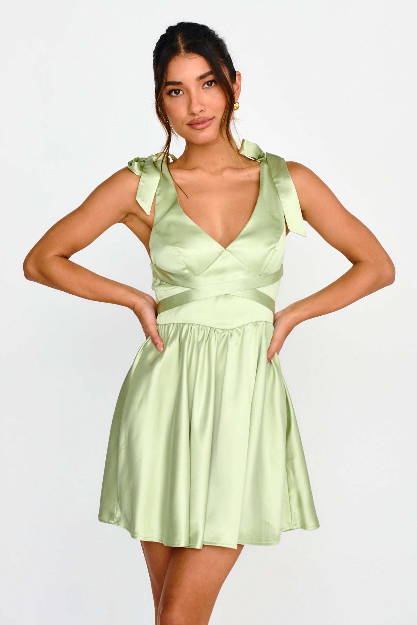 Majesty Tied Shoulder Mini Dress Lime-Maymioy