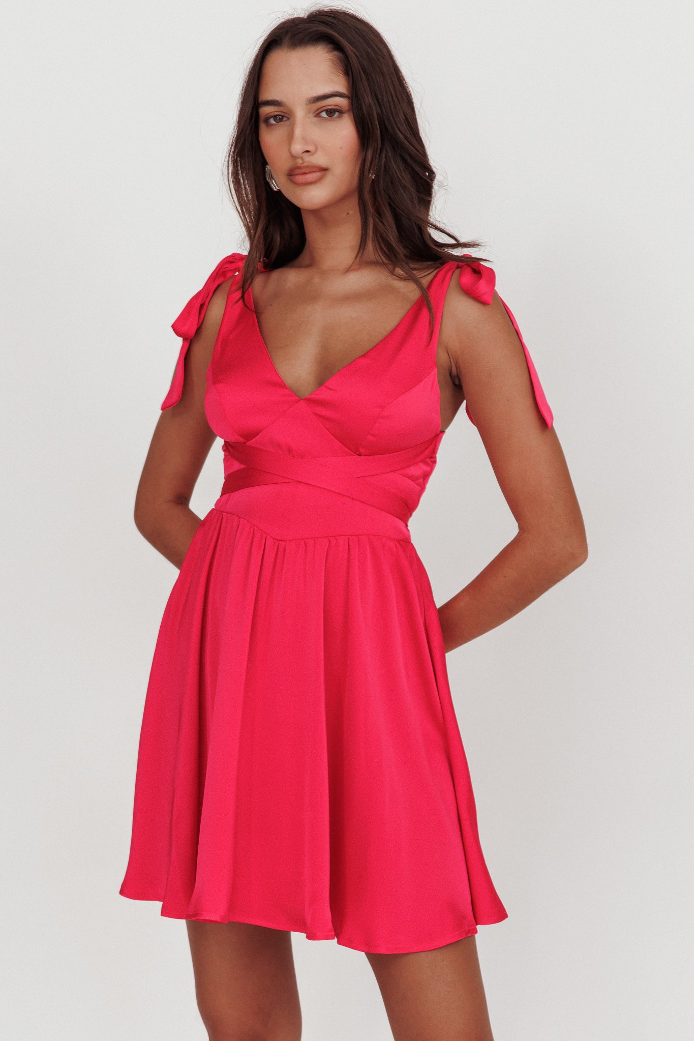 Majesty Tied Shoulder Mini Dress Hot Pink-Maymioy