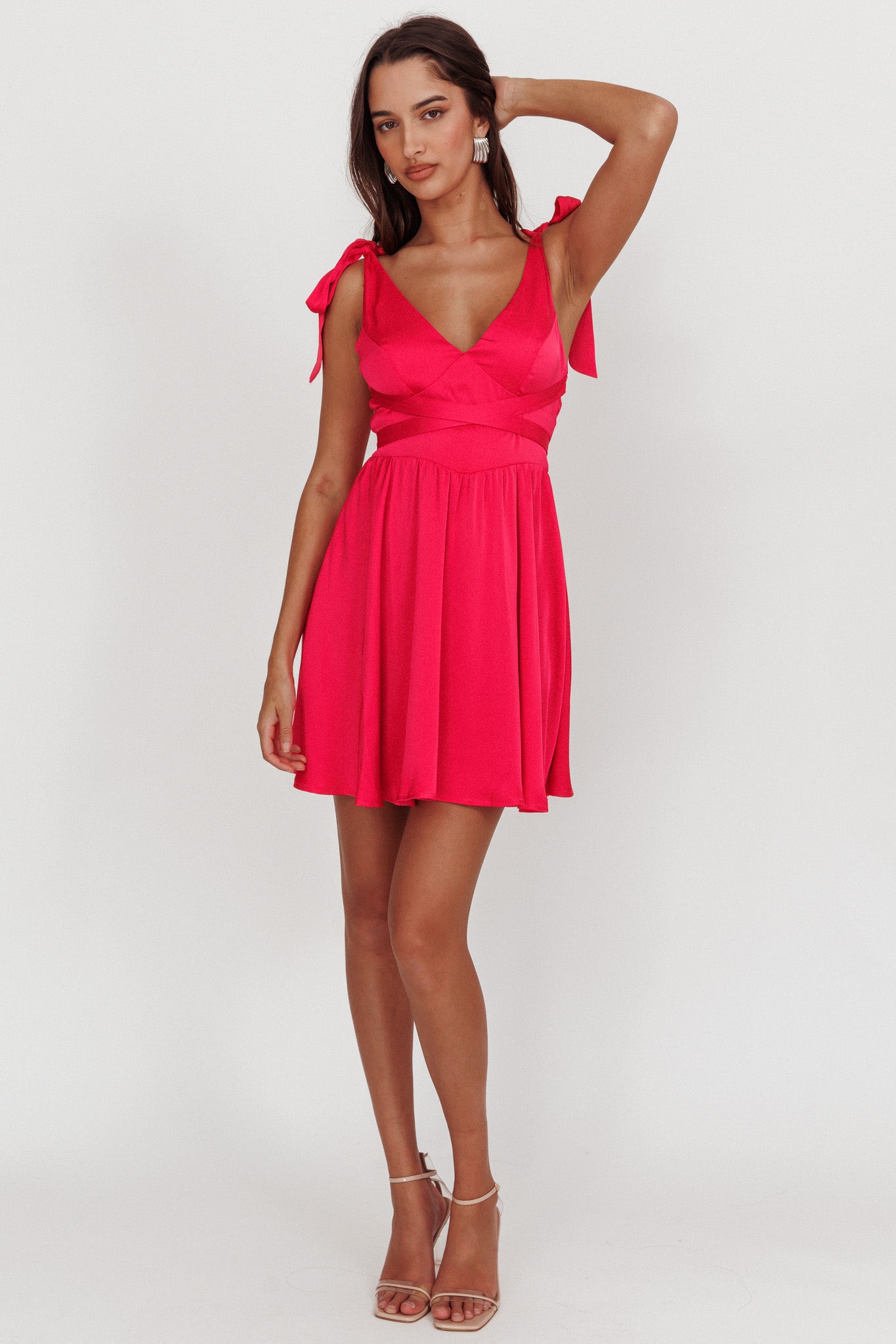 Majesty Tied Shoulder Mini Dress Hot Pink-Maymioy