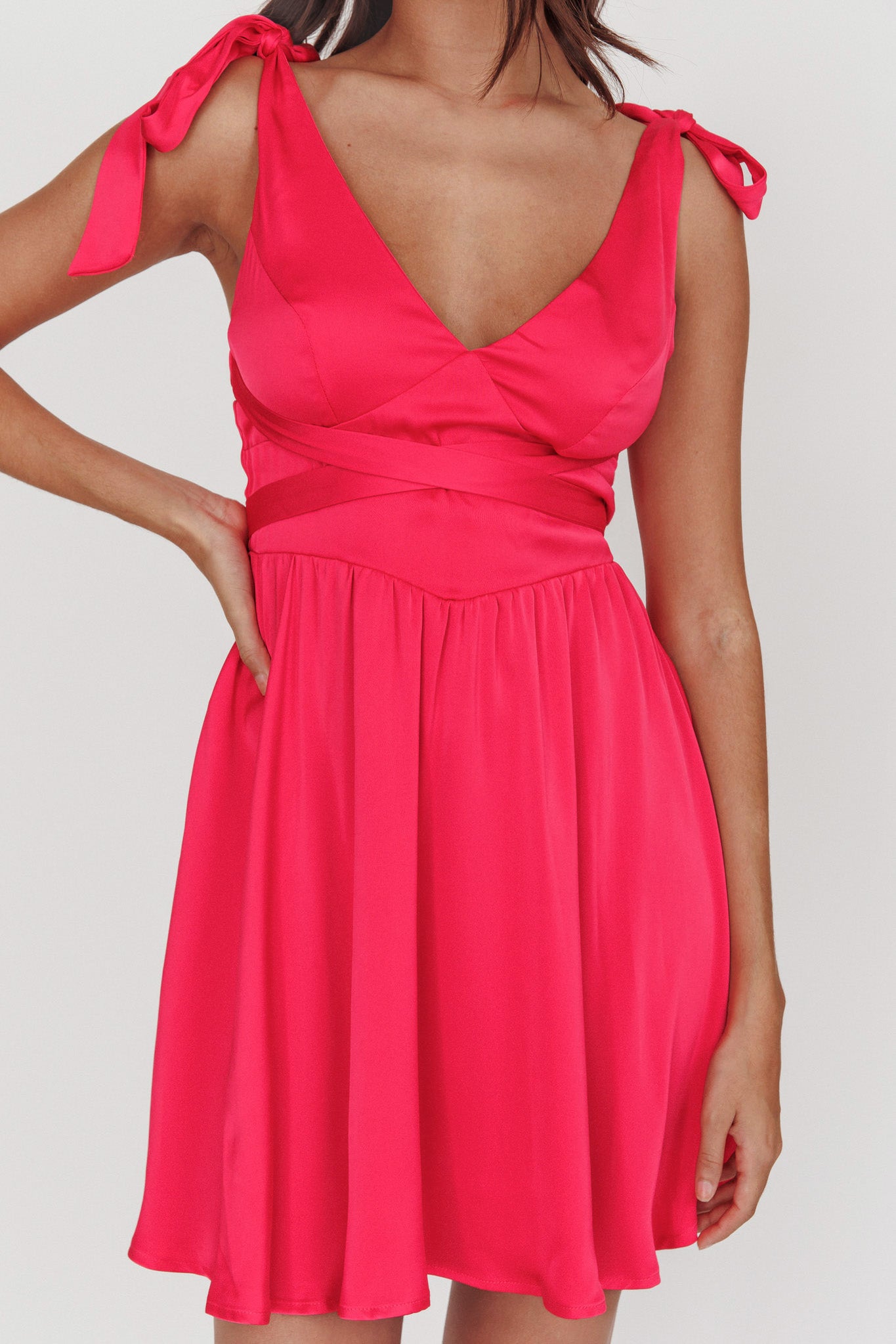 Majesty Tied Shoulder Mini Dress Hot Pink-Maymioy