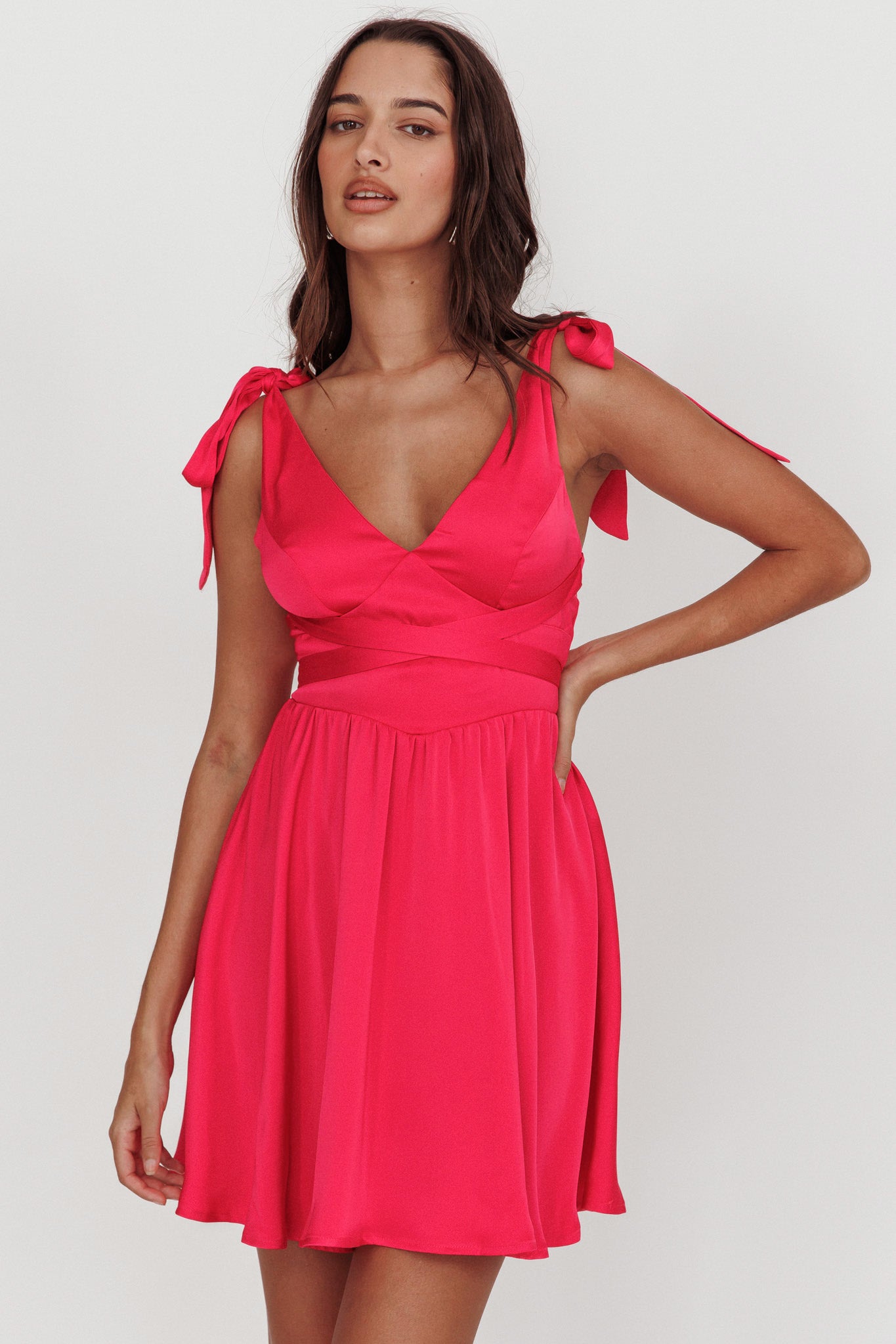 Majesty Tied Shoulder Mini Dress Hot Pink-Maymioy