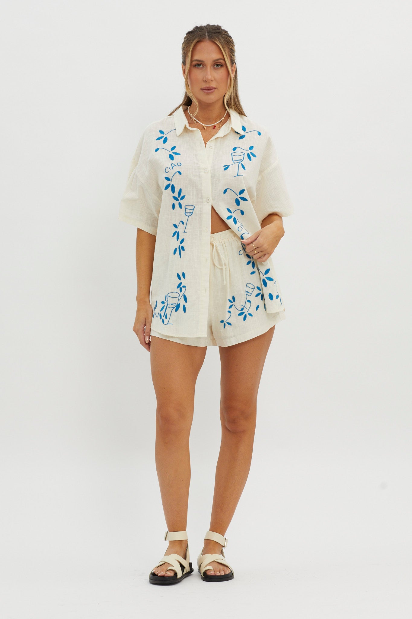 Ciao Ciao Embroidered Drawstring Shorts Beige-Maymioy