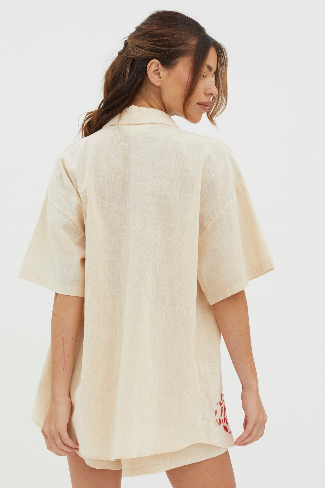 Ciao Ciao Embroidered Button-Up Shirt Oat-Maymioy